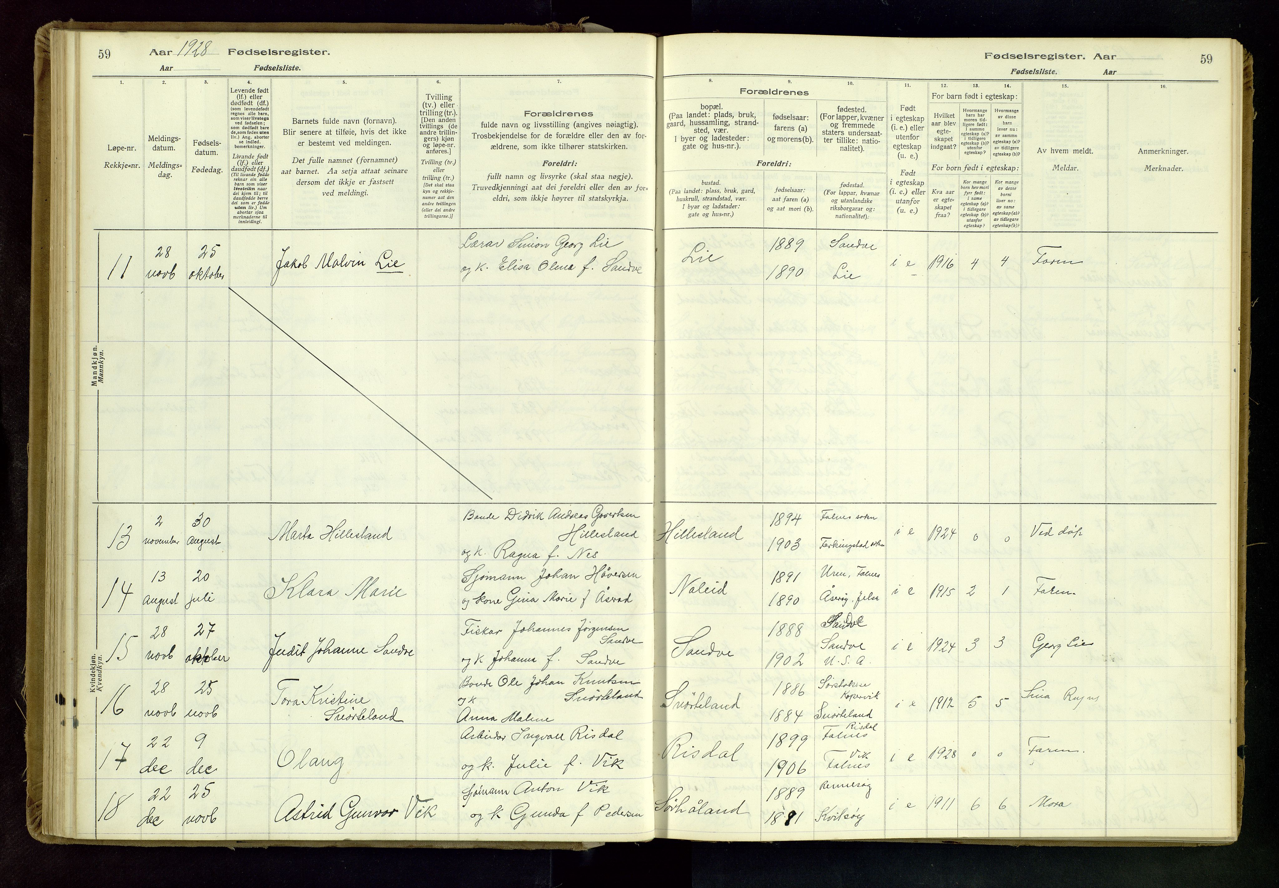 Skudenes sokneprestkontor, AV/SAST-A -101849/I/Id/L0001: Fødselsregister nr. 1, 1916-1964, s. 59