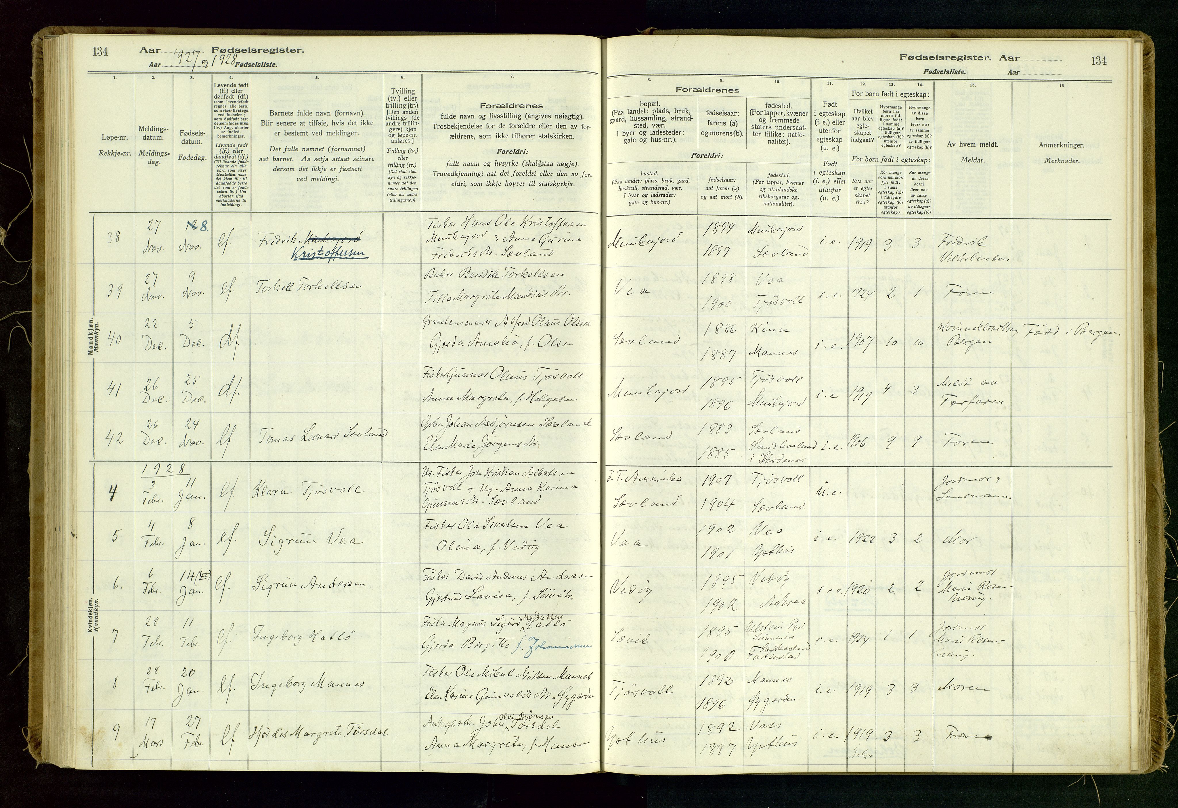 Kopervik sokneprestkontor, SAST/A-101850/I/Id/L0006: Fødselsregister nr. 6, 1916-1934, s. 134