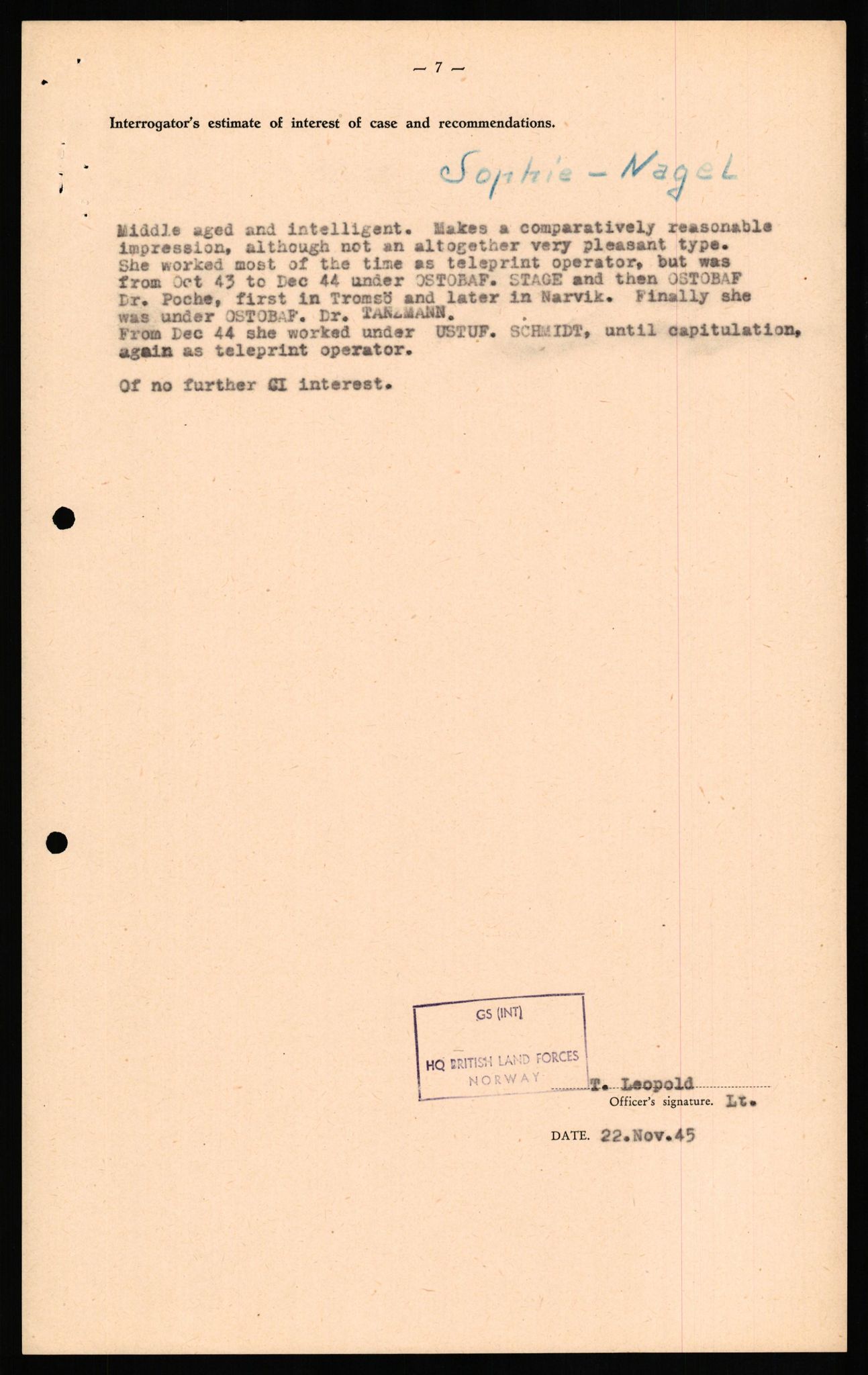 Forsvaret, Forsvarets overkommando II, RA/RAFA-3915/D/Db/L0023: CI Questionaires. Tyske okkupasjonsstyrker i Norge. Tyskere., 1945-1946, s. 436