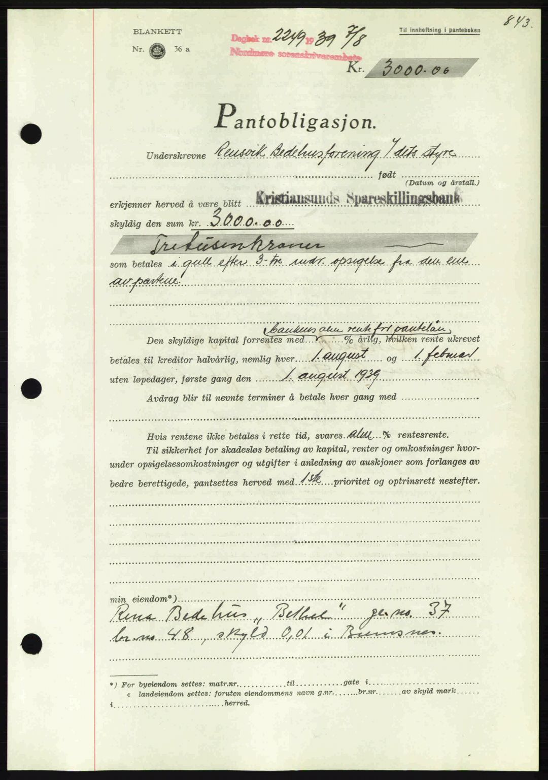 Nordmøre sorenskriveri, SAT/A-4132/1/2/2Ca: Pantebok nr. B85, 1939-1939, Dagboknr: 2249/1939