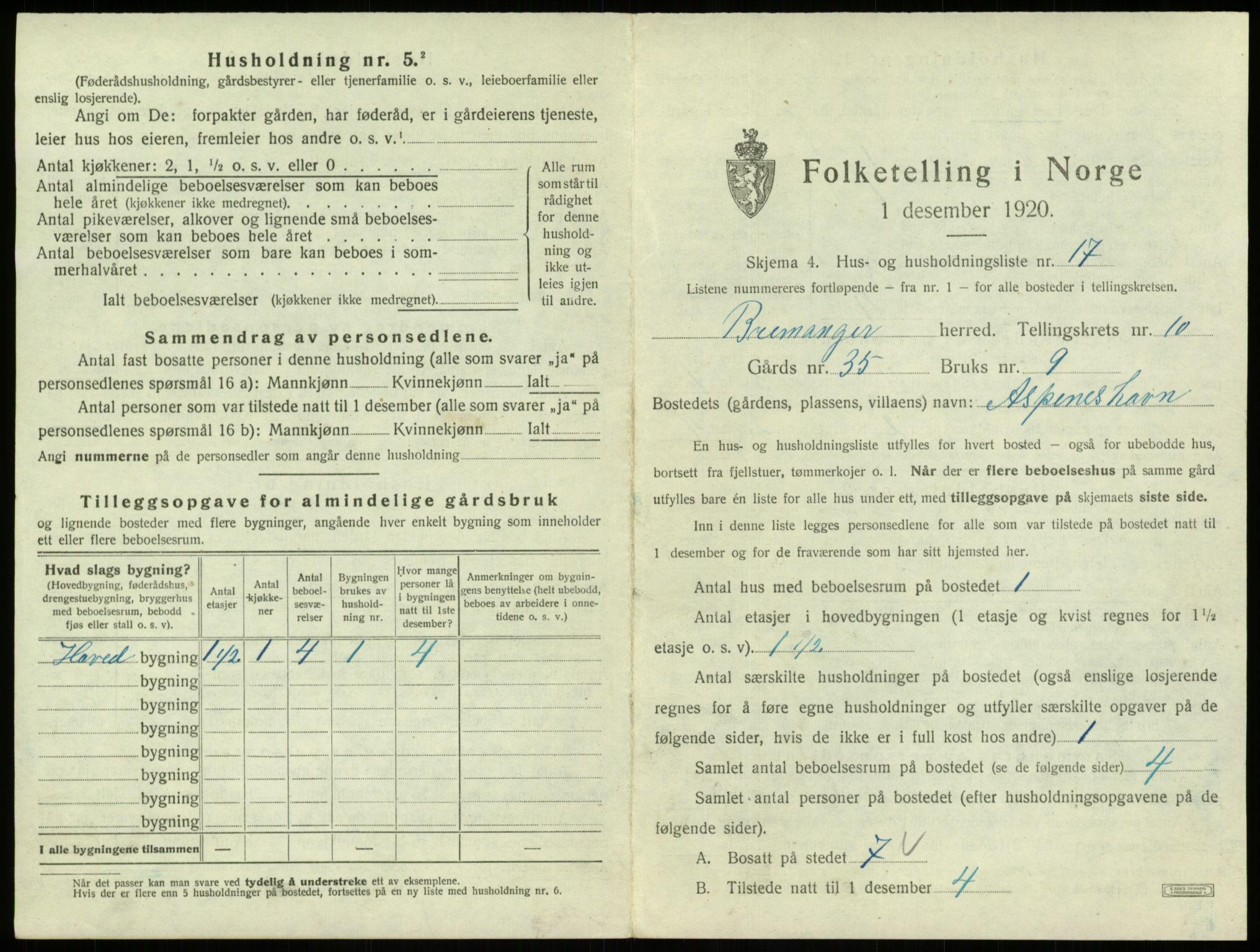 SAB, Folketelling 1920 for 1438 Bremanger herred, 1920, s. 746
