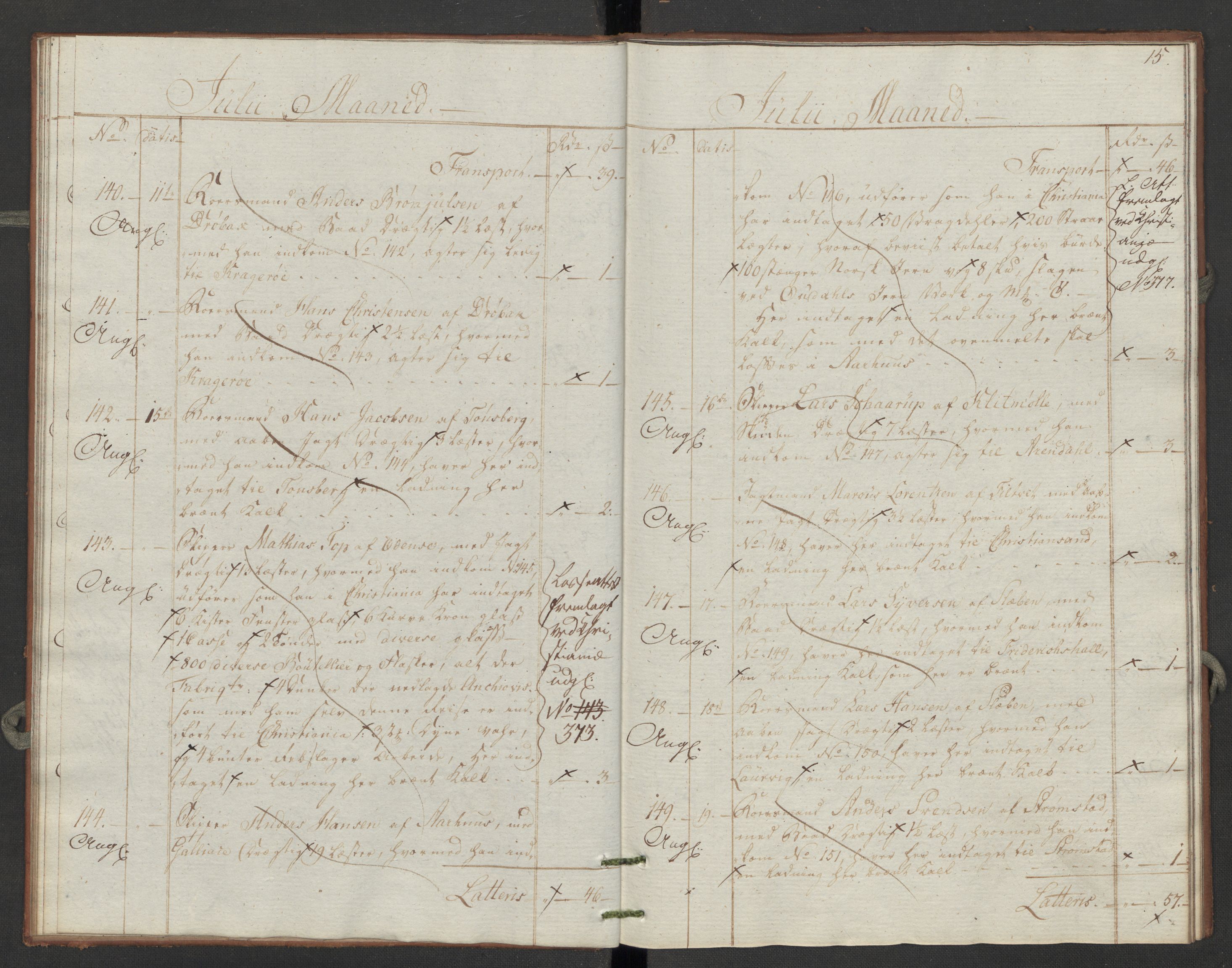 Generaltollkammeret, tollregnskaper, AV/RA-EA-5490/R06/L0196/0002: Tollregnskaper Kristiania / Utgående tollbok Slependen, 1794, s. 14b-15a