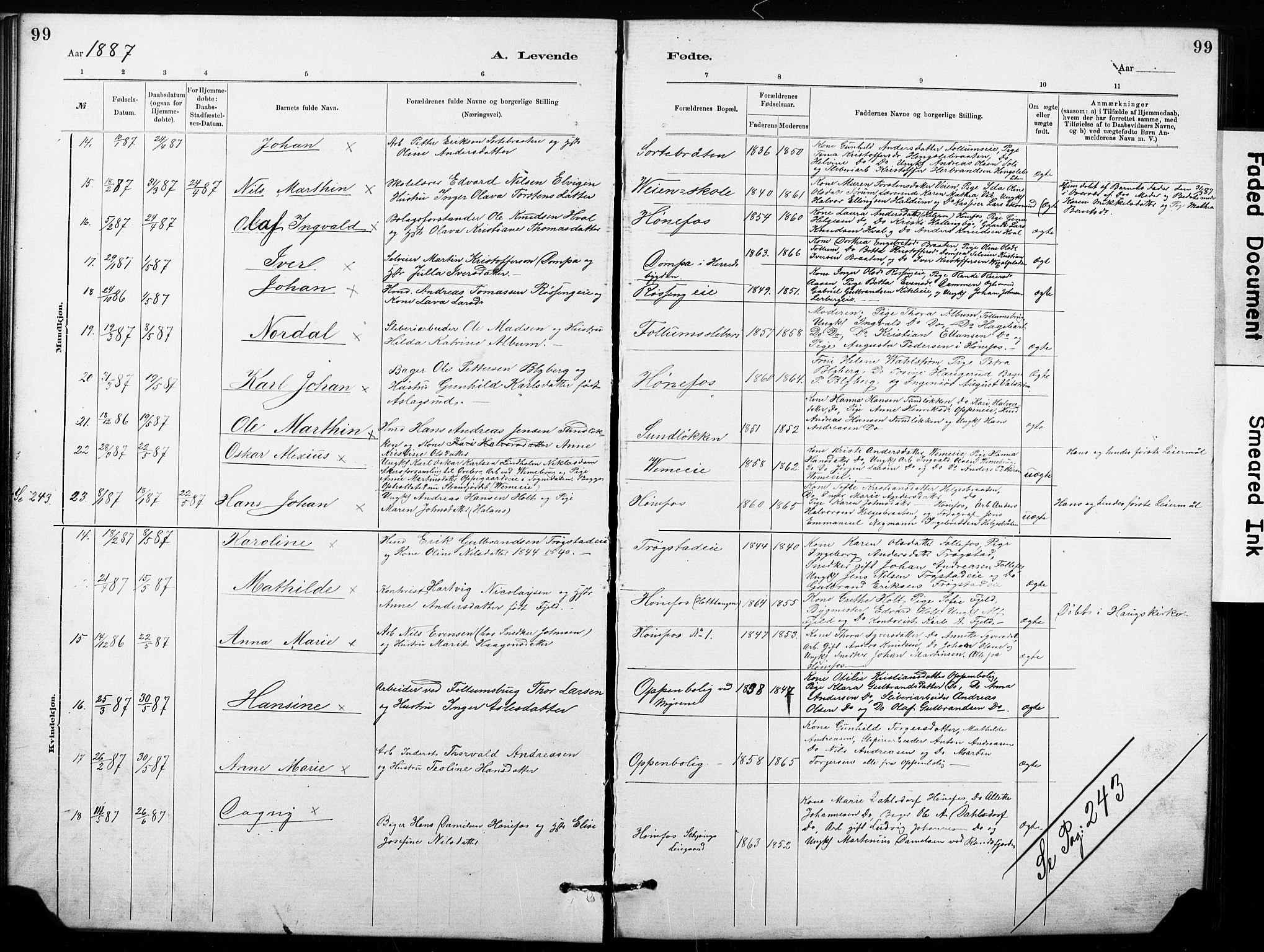 Hønefoss kirkebøker, AV/SAKO-A-609/G/Ga/L0001: Klokkerbok nr. 1, 1870-1887, s. 99