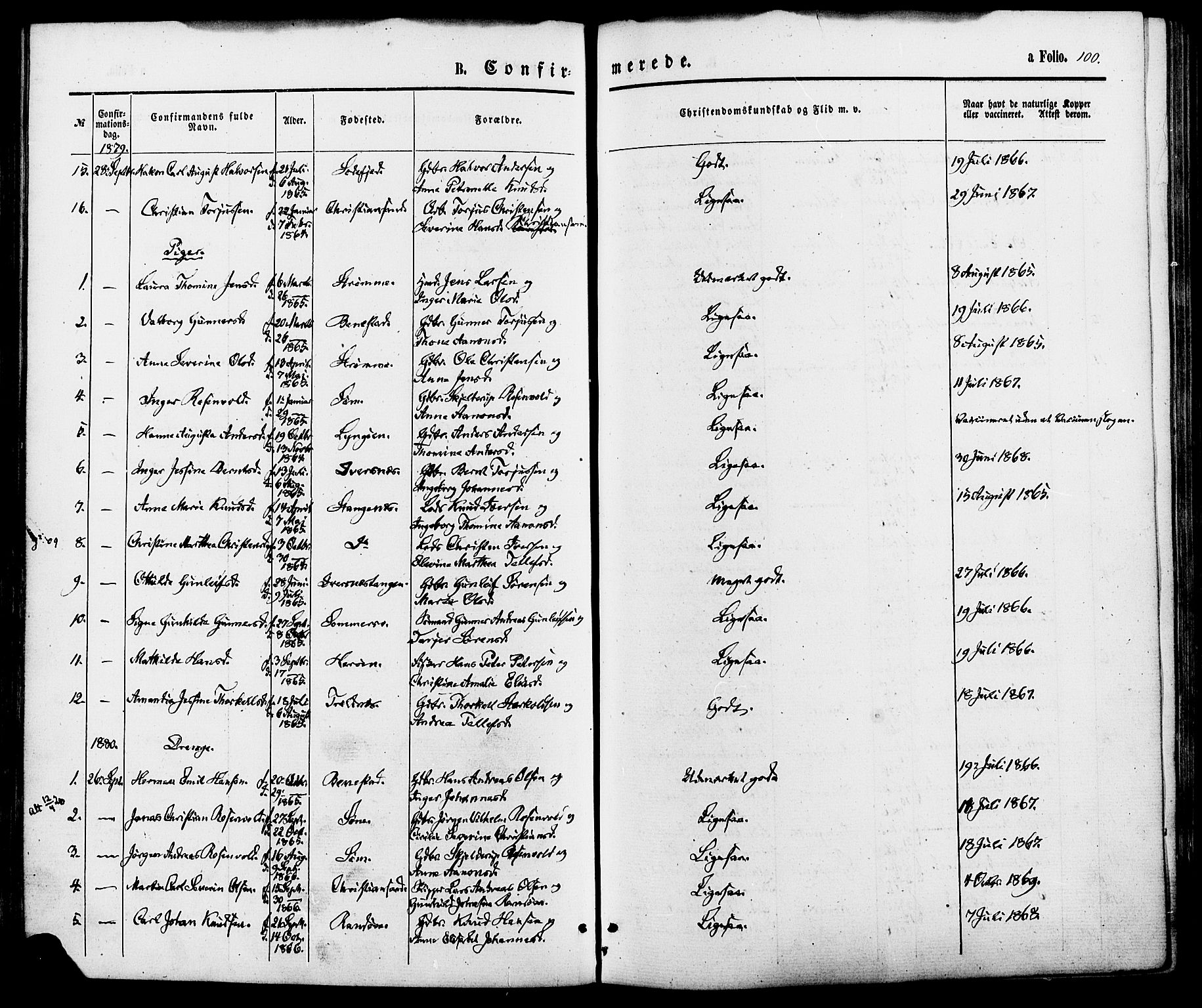 Oddernes sokneprestkontor, SAK/1111-0033/F/Fa/Fab/L0001: Ministerialbok nr. A 1, 1865-1884, s. 100