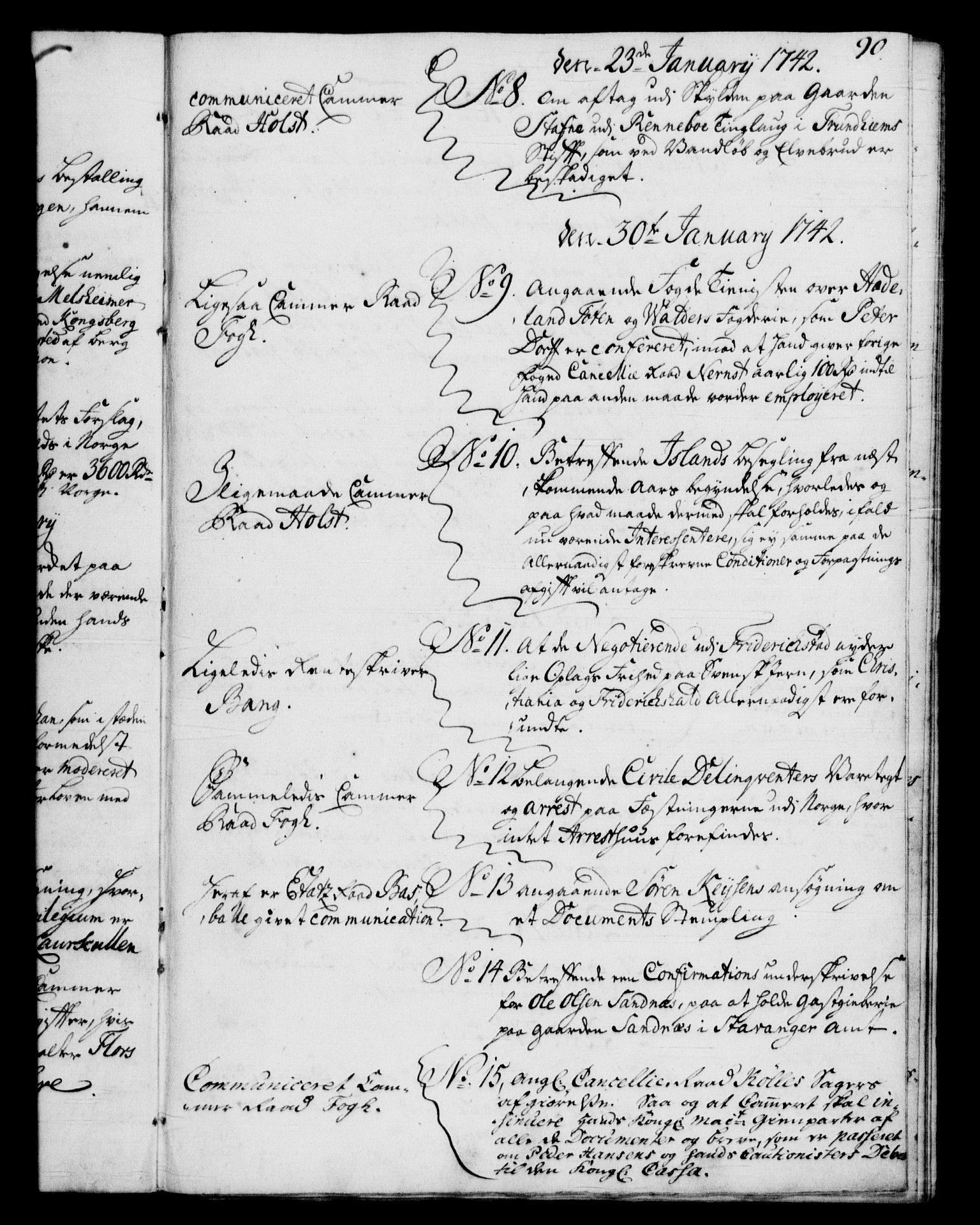 Rentekammeret, Kammerkanselliet, RA/EA-3111/G/Gf/Gfb/L0004: Register til norske relasjons- og resolusjonsprotokoller (merket RK 52.99), 1736-1743, s. 90