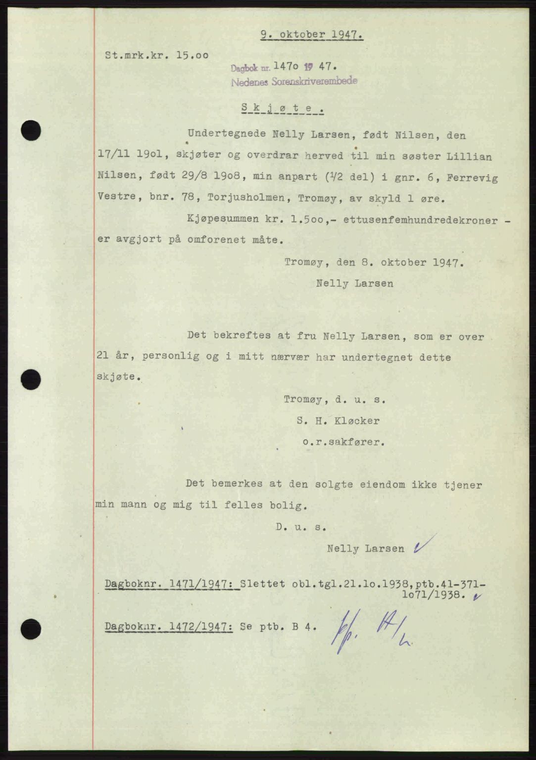 Nedenes sorenskriveri, AV/SAK-1221-0006/G/Gb/Gba/L0058: Pantebok nr. A10, 1947-1948, Dagboknr: 1470/1947