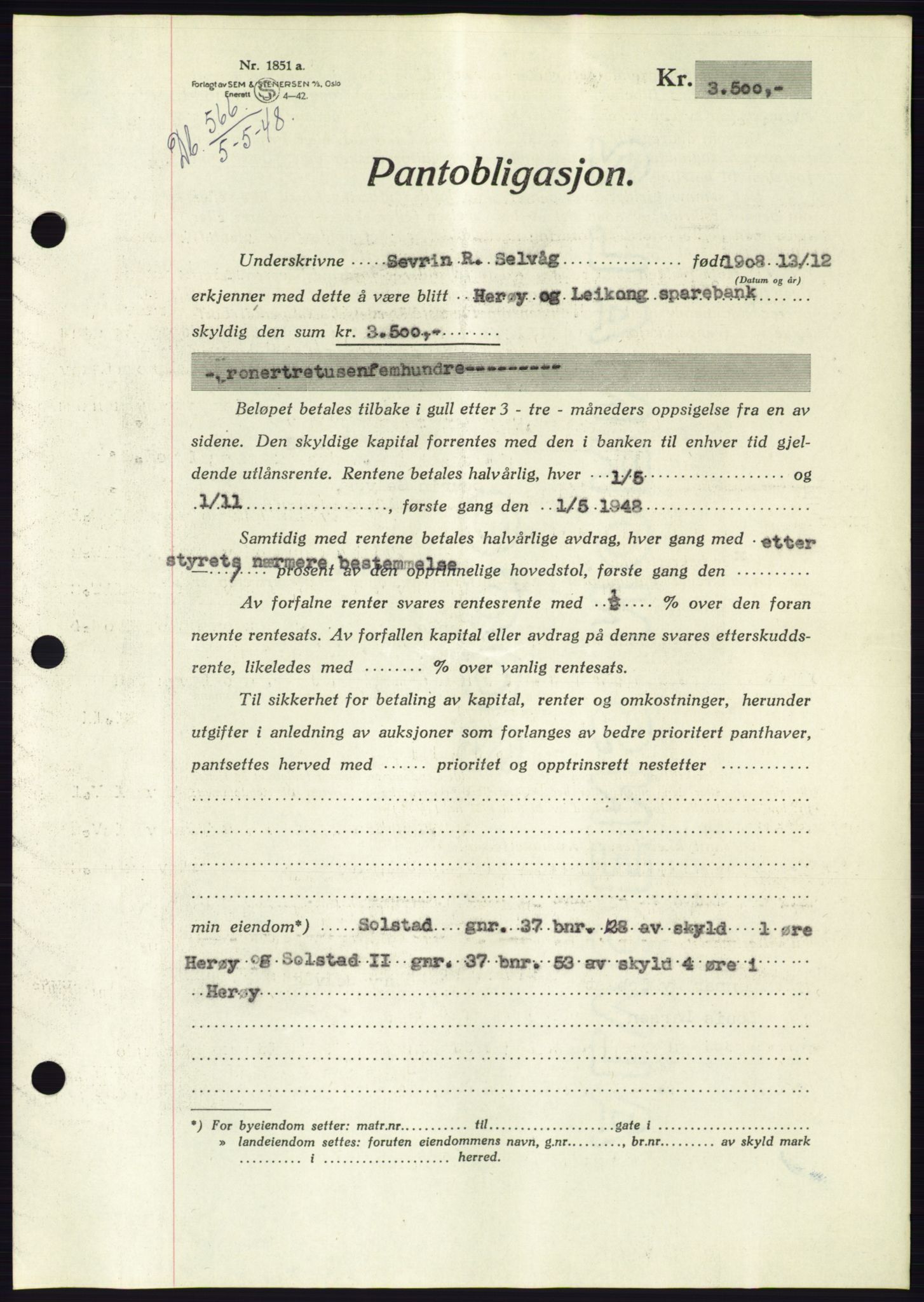 Søre Sunnmøre sorenskriveri, AV/SAT-A-4122/1/2/2C/L0115: Pantebok nr. 3B, 1947-1948, Dagboknr: 566/1948