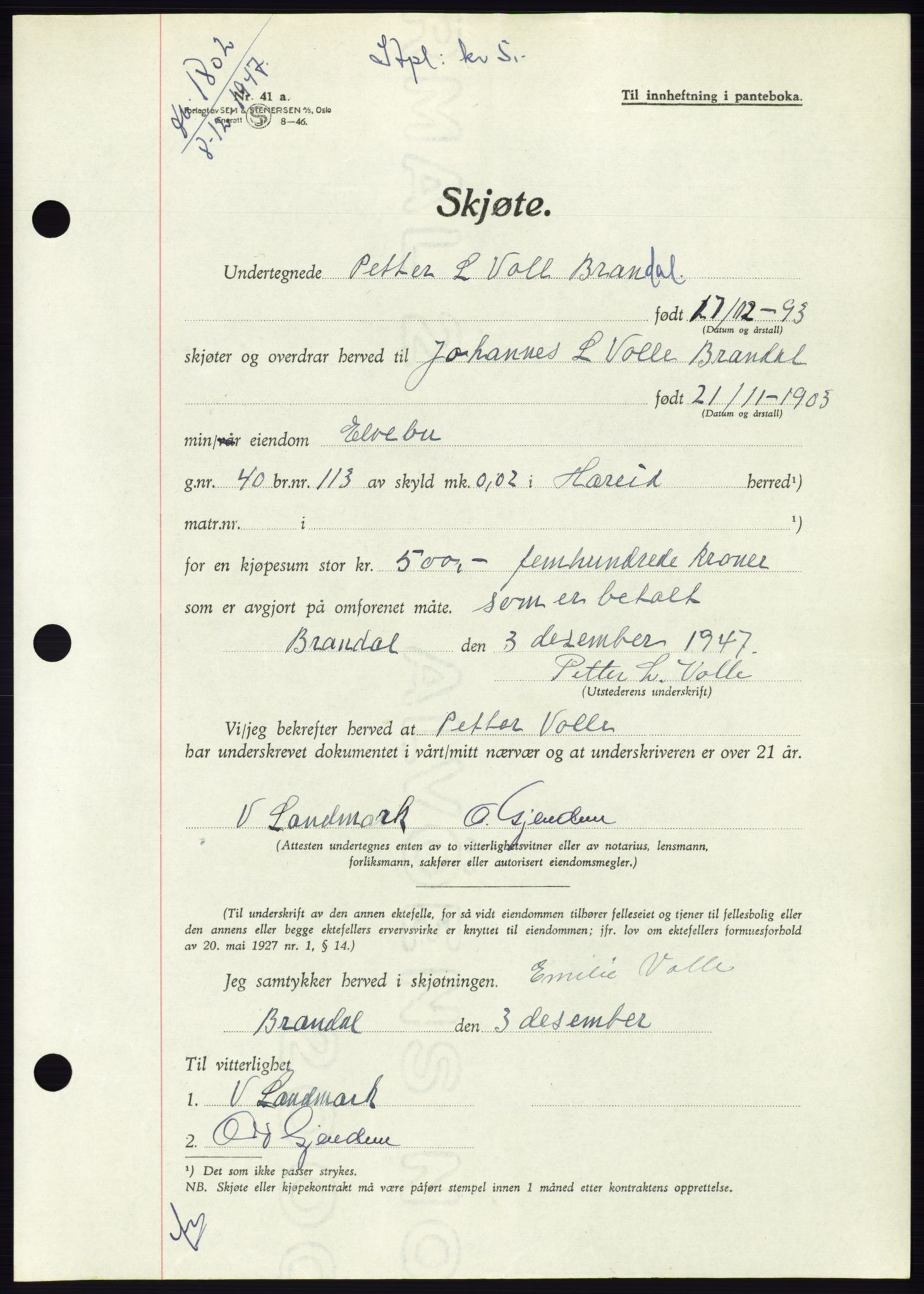 Søre Sunnmøre sorenskriveri, AV/SAT-A-4122/1/2/2C/L0081: Pantebok nr. 7A, 1947-1948, Dagboknr: 1802/1947