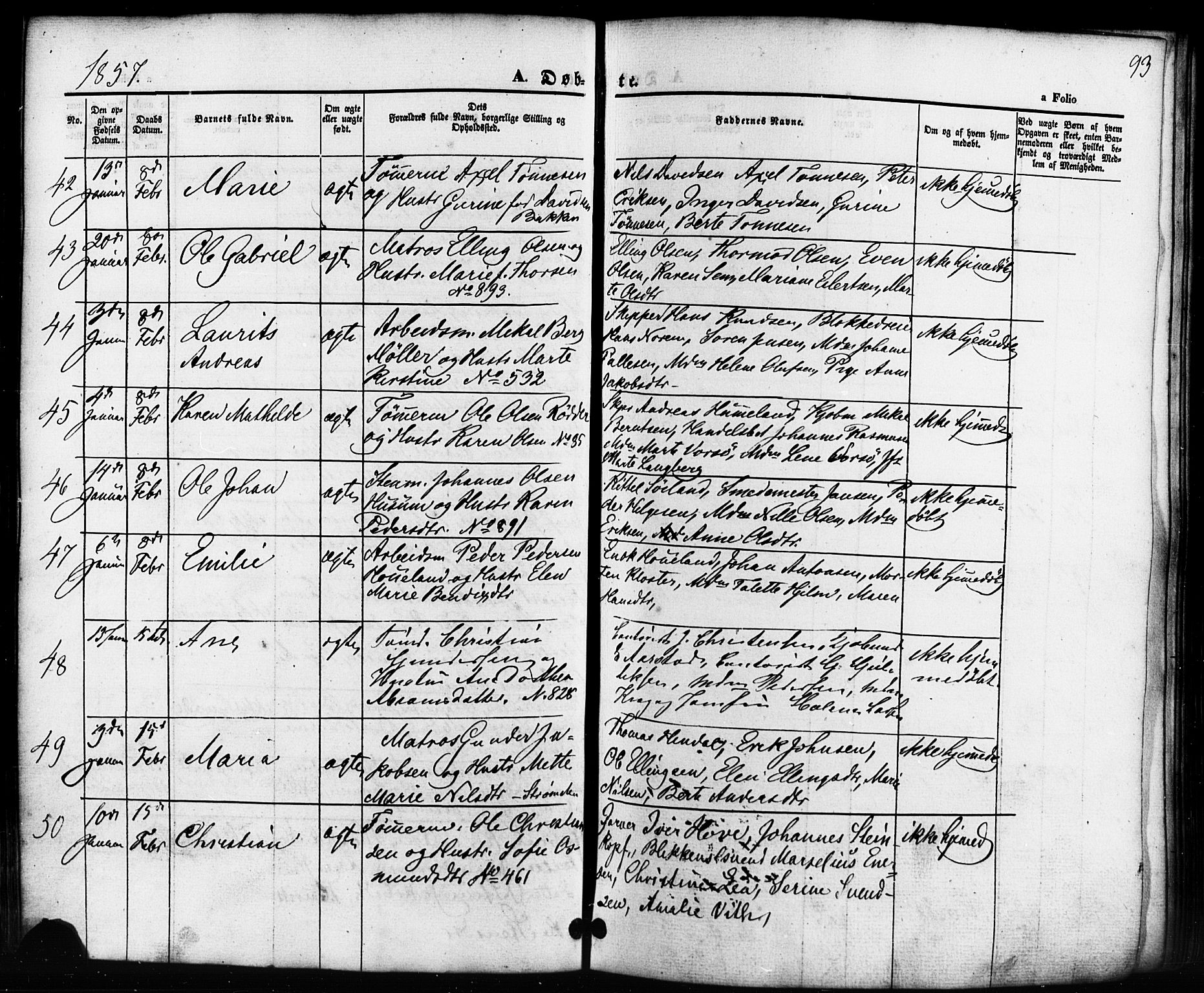 Domkirken sokneprestkontor, AV/SAST-A-101812/001/30/30BB/L0010: Klokkerbok nr. B 10, 1855-1860, s. 93