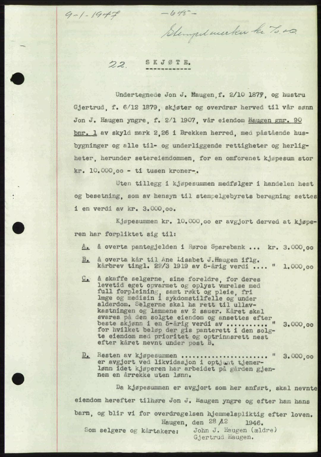 Gauldal sorenskriveri, SAT/A-0014/1/2/2C: Pantebok nr. A3, 1947-1947, Dagboknr: 22/1947