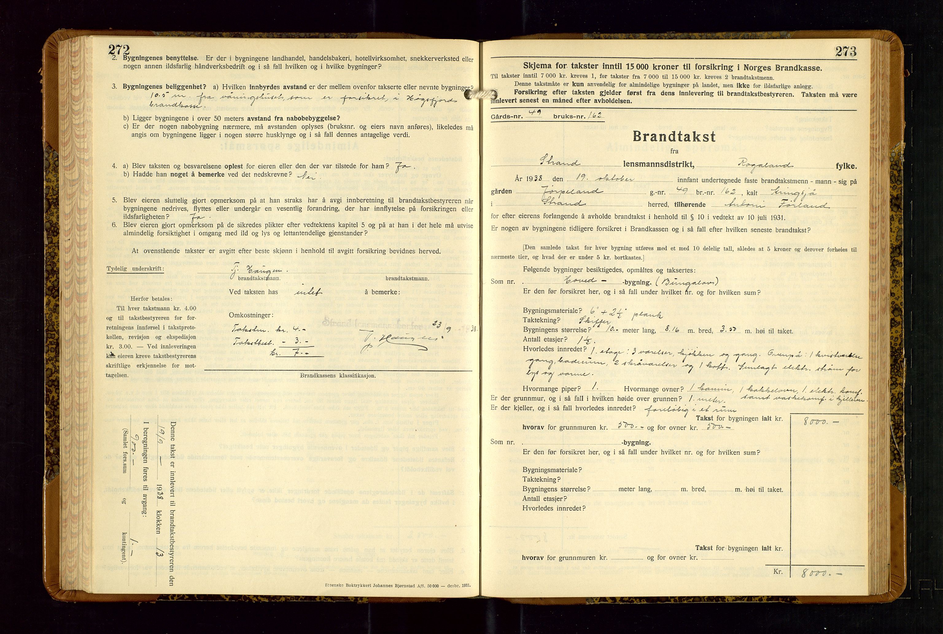 Strand og Forsand lensmannskontor, AV/SAST-A-100451/Gob/L0001: Branntakstprotokoll, 1935-1942, s. 272-273