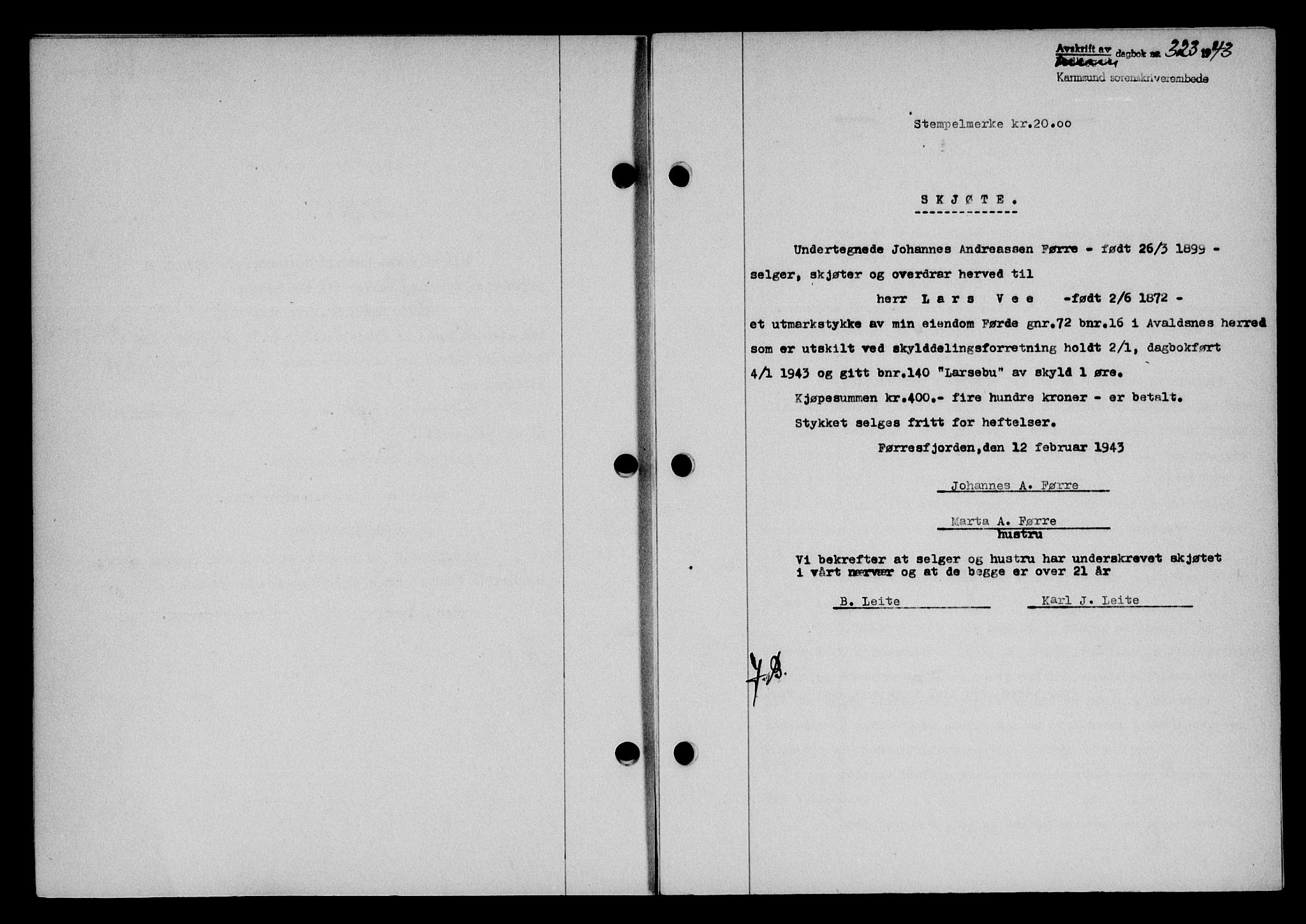 Karmsund sorenskriveri, SAST/A-100311/01/II/IIB/L0079: Pantebok nr. 60A, 1942-1943, Dagboknr: 323/1943