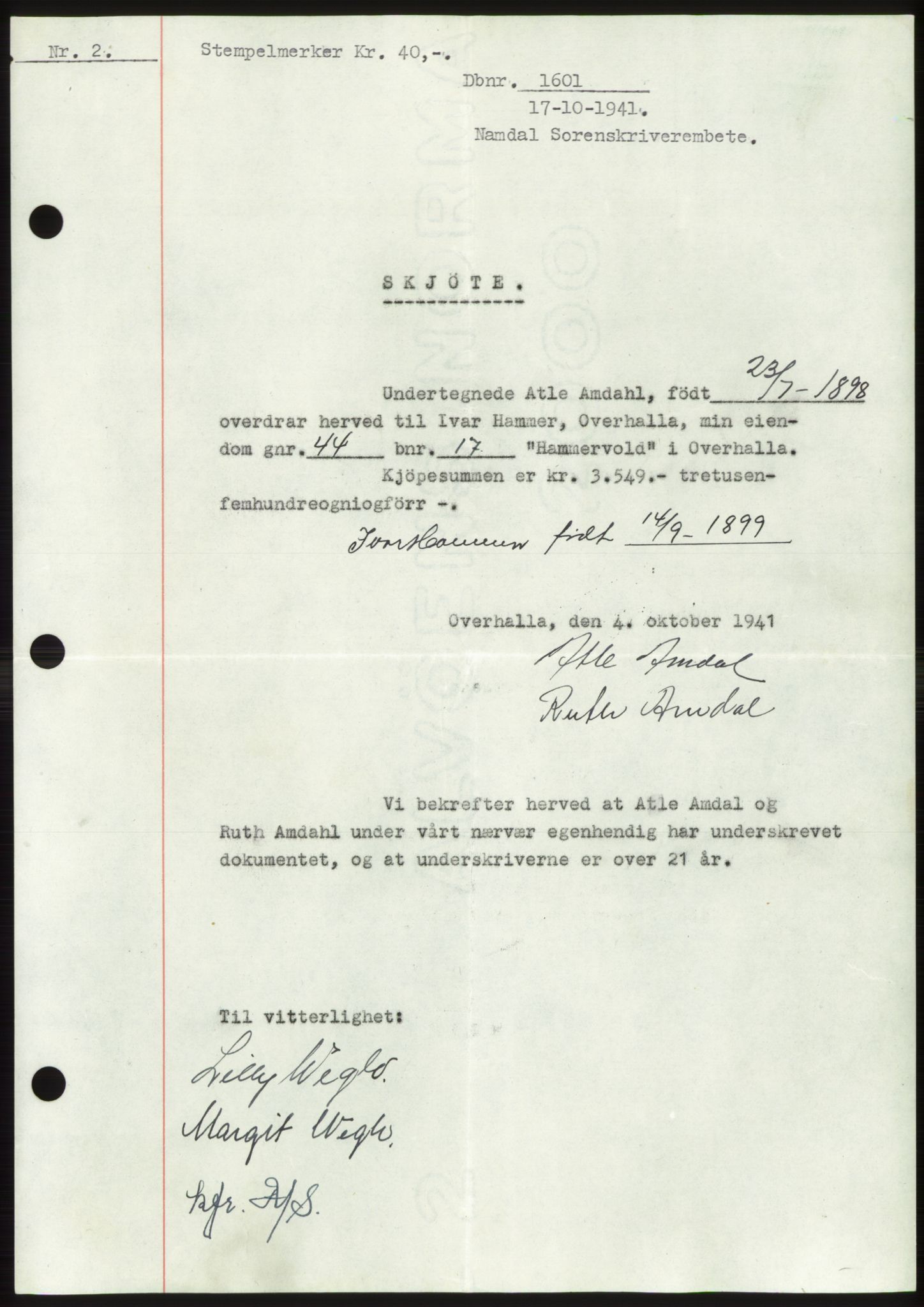 Namdal sorenskriveri, SAT/A-4133/1/2/2C: Pantebok nr. -, 1941-1942, Dagboknr: 1601/1941