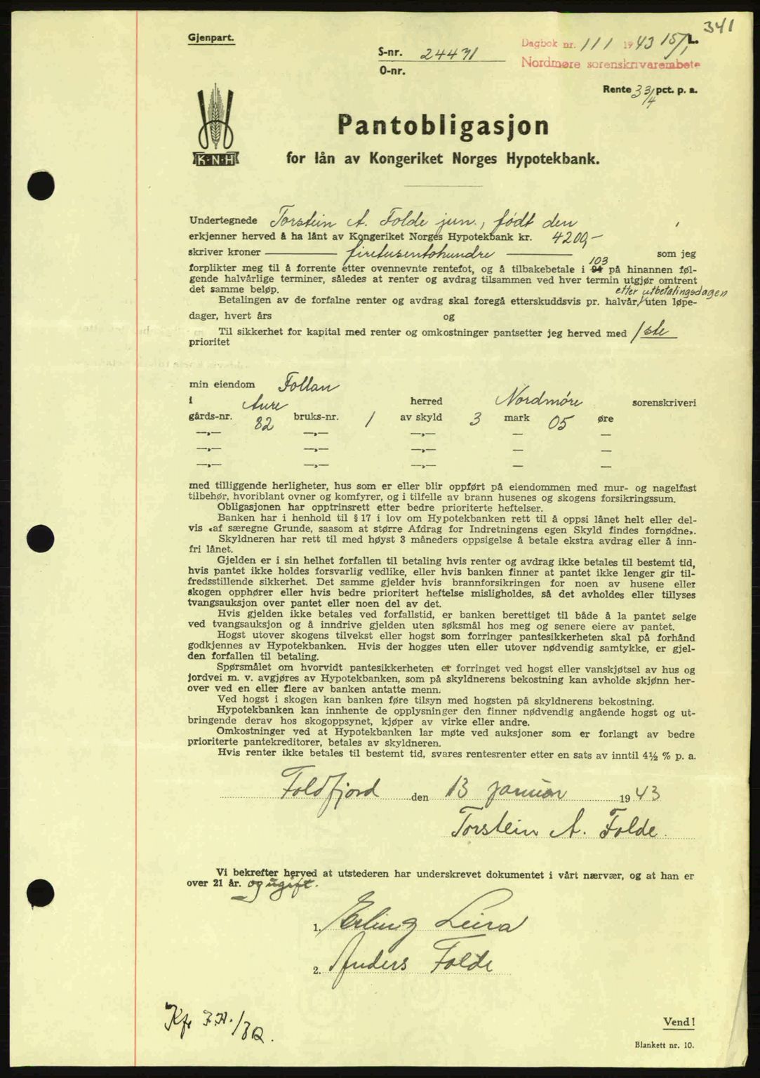 Nordmøre sorenskriveri, AV/SAT-A-4132/1/2/2Ca: Pantebok nr. B90, 1942-1943, Dagboknr: 111/1943