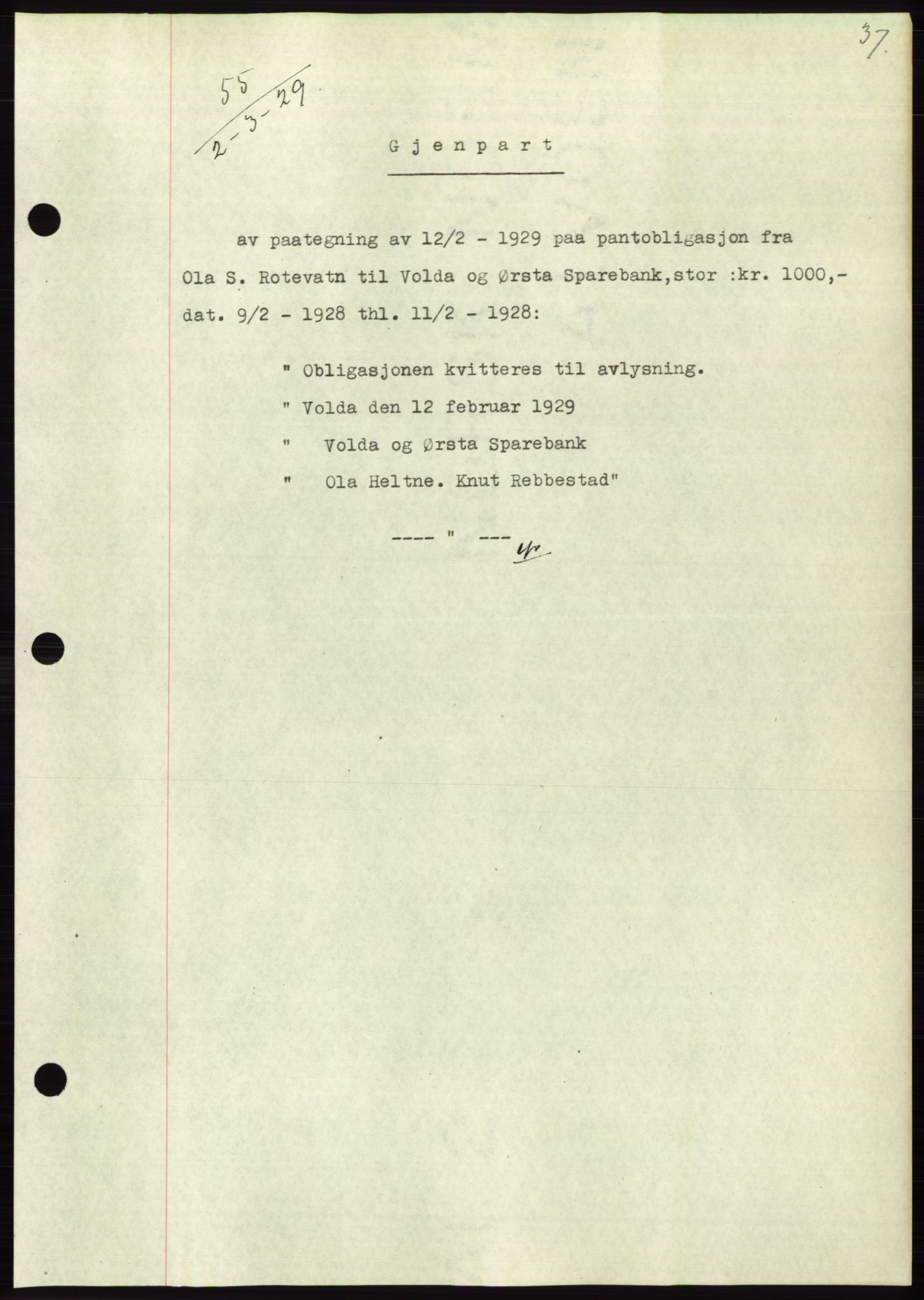 Søre Sunnmøre sorenskriveri, AV/SAT-A-4122/1/2/2C/L0049: Pantebok nr. 43, 1929-1929, Tingl.dato: 02.03.1929