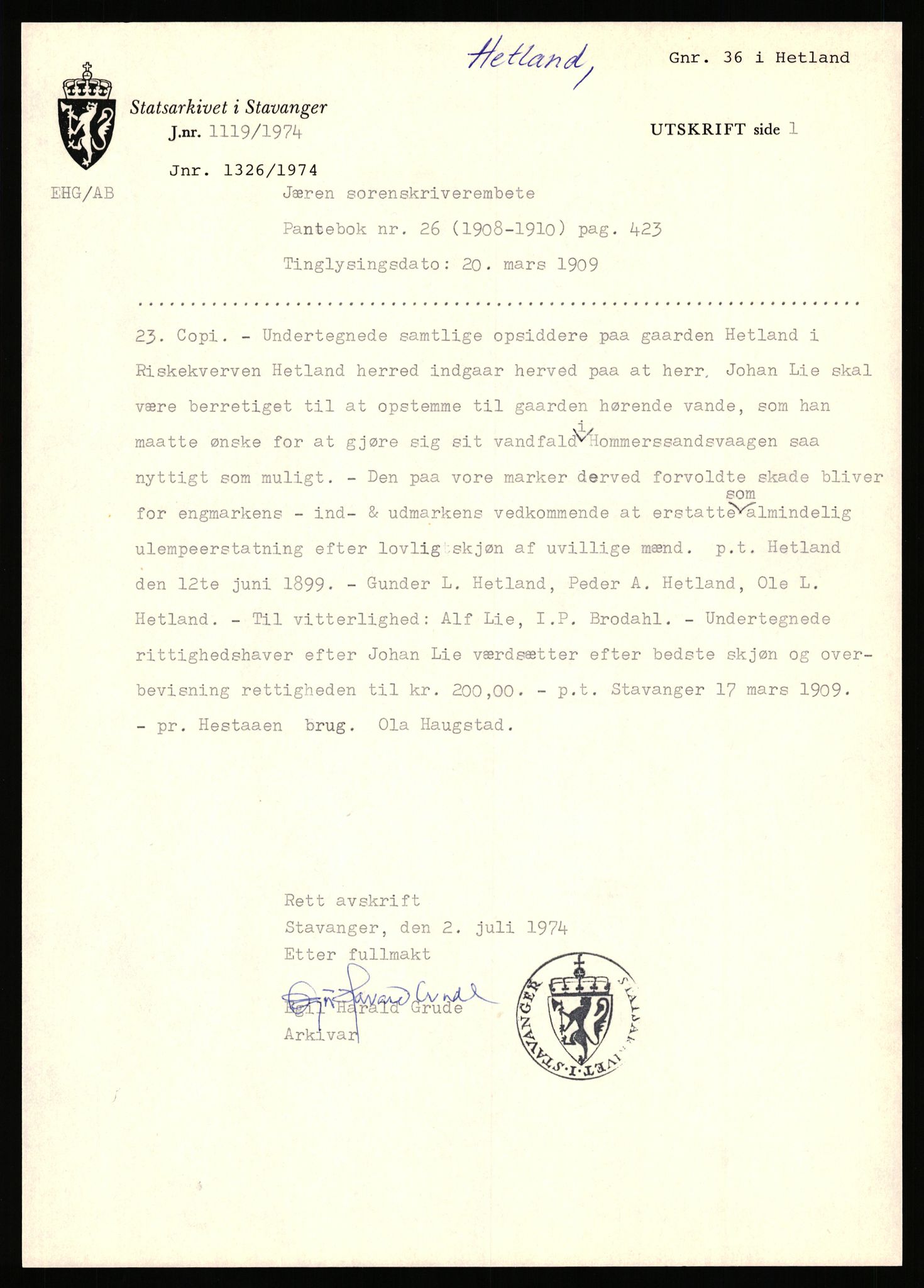 Statsarkivet i Stavanger, AV/SAST-A-101971/03/Y/Yj/L0036: Avskrifter sortert etter gårdsnavn: Hervik - Hetland i Høyland, 1750-1930, s. 590