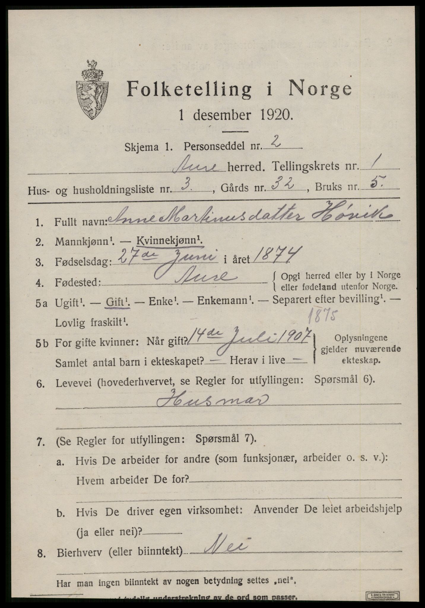 SAT, Folketelling 1920 for 1569 Aure herred, 1920, s. 964