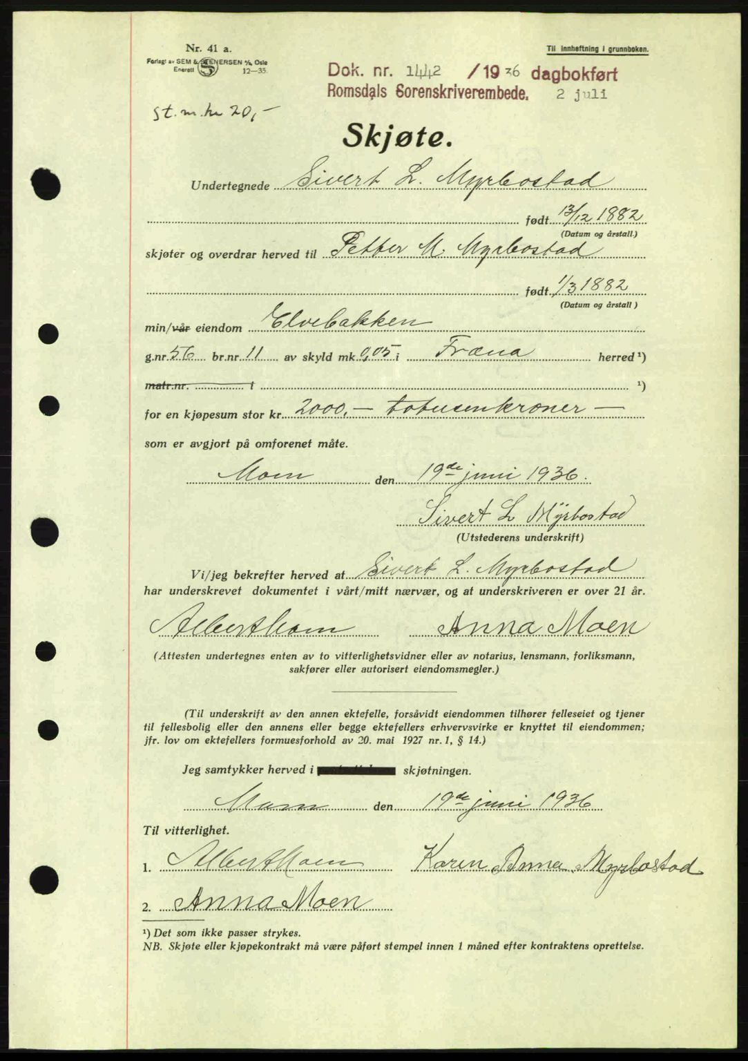 Romsdal sorenskriveri, SAT/A-4149/1/2/2C: Pantebok nr. A1, 1936-1936, Dagboknr: 1442/1936