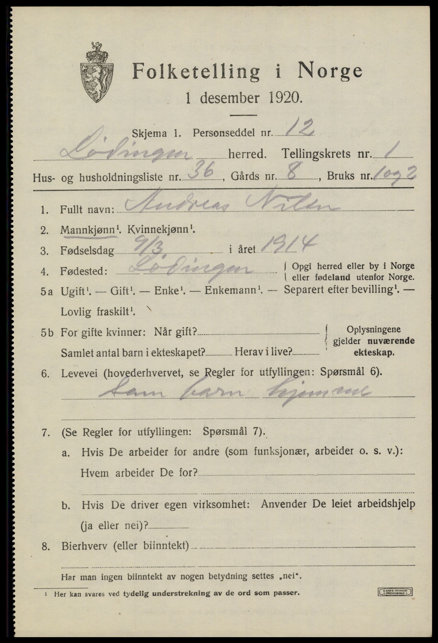 SAT, Folketelling 1920 for 1851 Lødingen herred, 1920, s. 1583