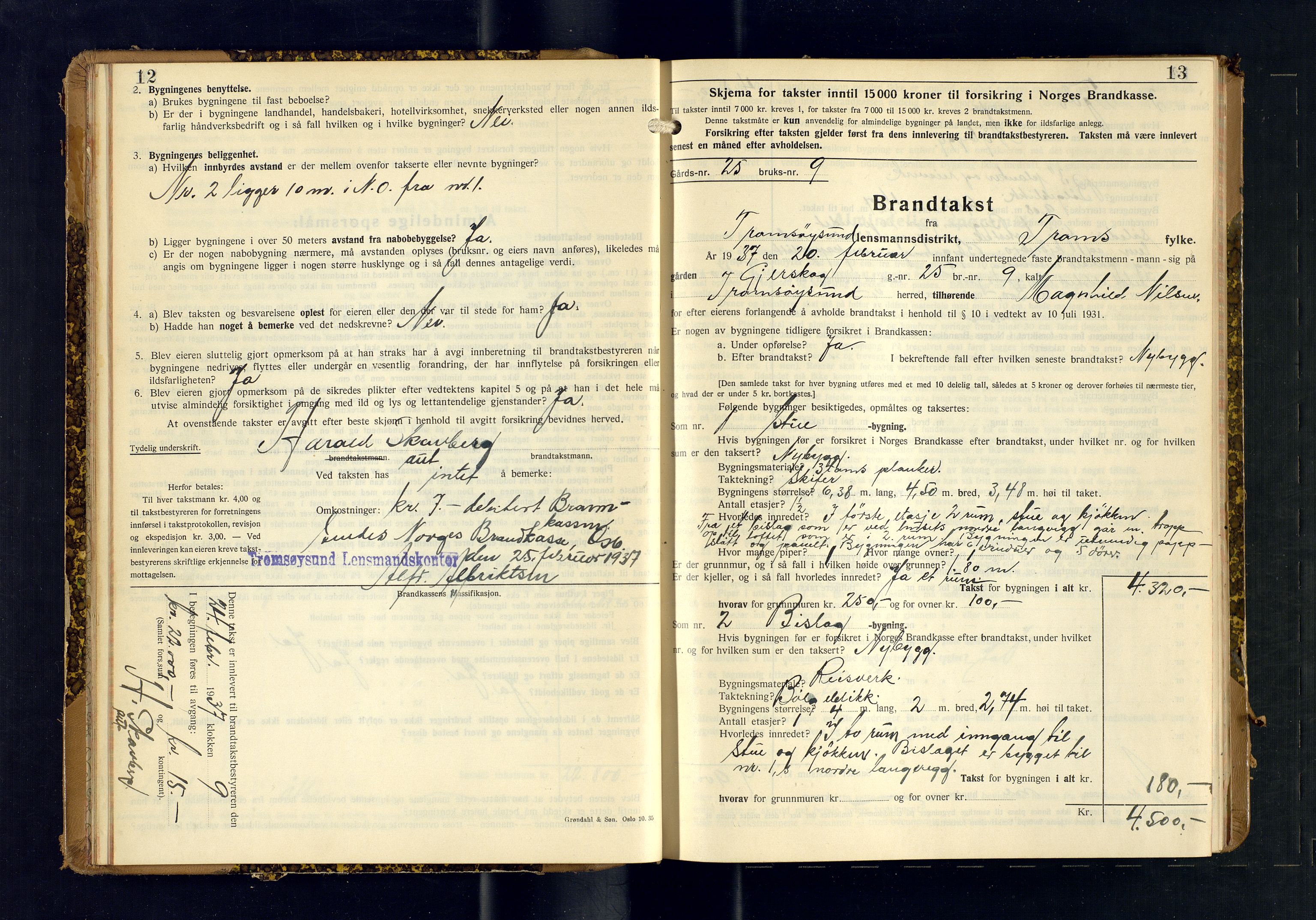 Tromsøysund lensmannskontor, AV/SATØ-SATØ-12/F/Fs/Fsb/L0755: Branntakstprotokoll (S). Med register, 1937-1938, s. 12-13