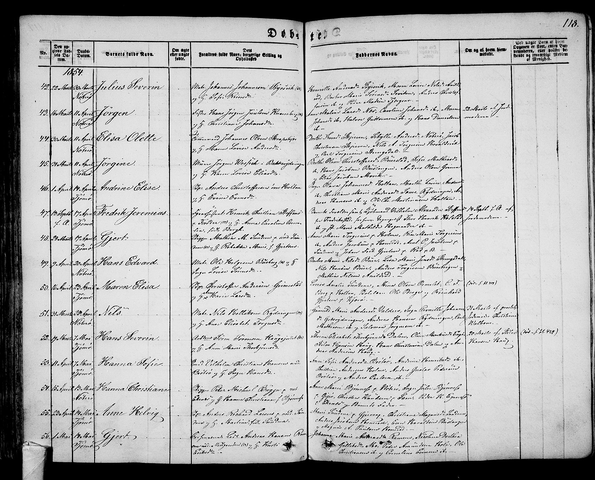 Nøtterøy kirkebøker, AV/SAKO-A-354/G/Ga/L0001: Klokkerbok nr. I 1, 1844-1859, s. 118
