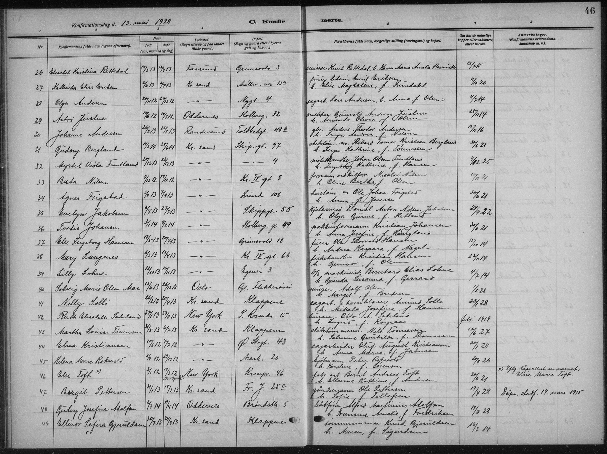 Kristiansand domprosti, AV/SAK-1112-0006/F/Fb/L0025: Klokkerbok nr. B 25, 1924-1934, s. 46