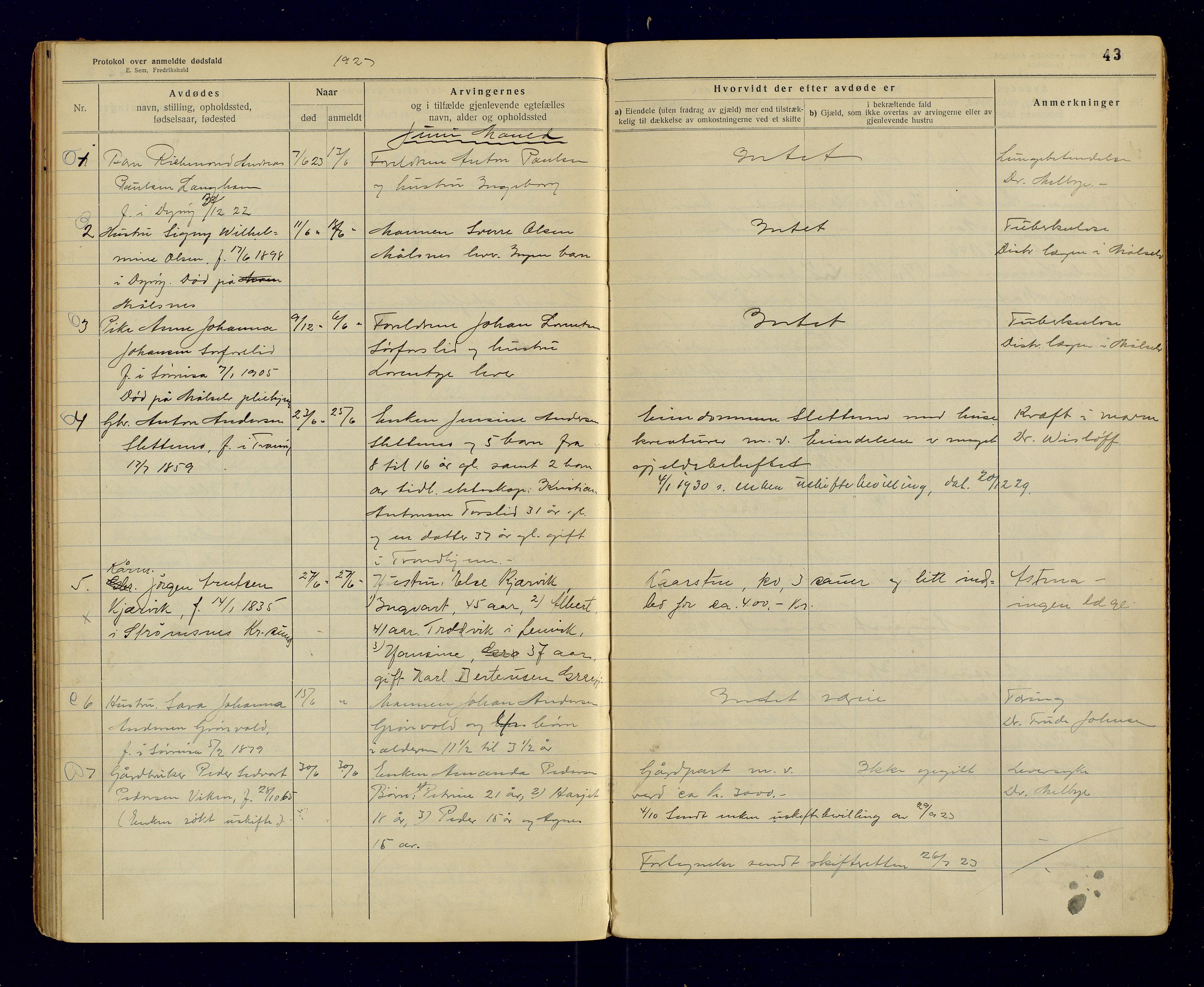 Tranøy lensmannskontor (Sørreisa lensmannskontor), SATØ/SATØ-46/1/F/Fi/Fia/L0148: Dødsfallsprotokoller, 1920-1923, s. 43