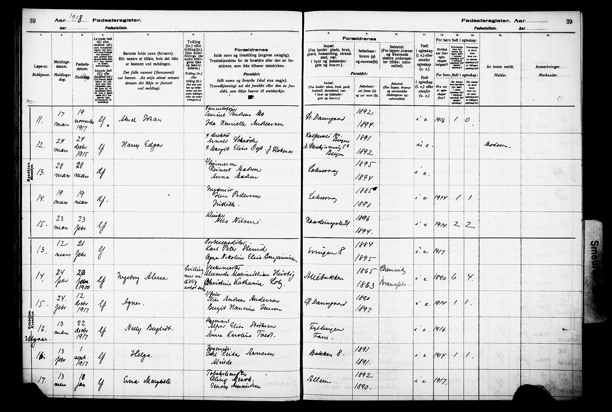 Laksevåg Sokneprestembete, SAB/A-76501/I/Id/L00A1: Fødselsregister nr. A 1, 1916-1926, s. 39