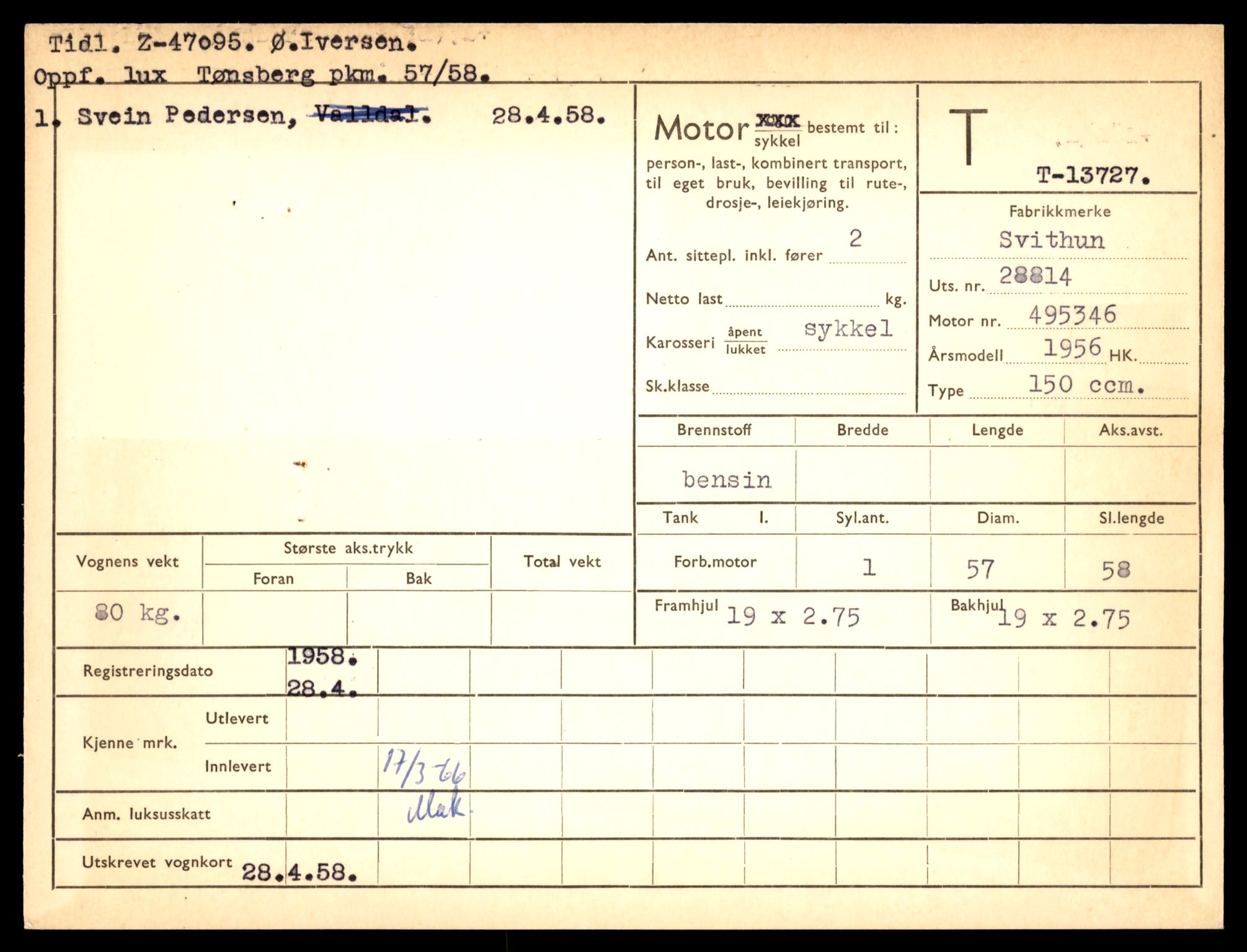 Møre og Romsdal vegkontor - Ålesund trafikkstasjon, AV/SAT-A-4099/F/Fe/L0041: Registreringskort for kjøretøy T 13710 - T 13905, 1927-1998, s. 273