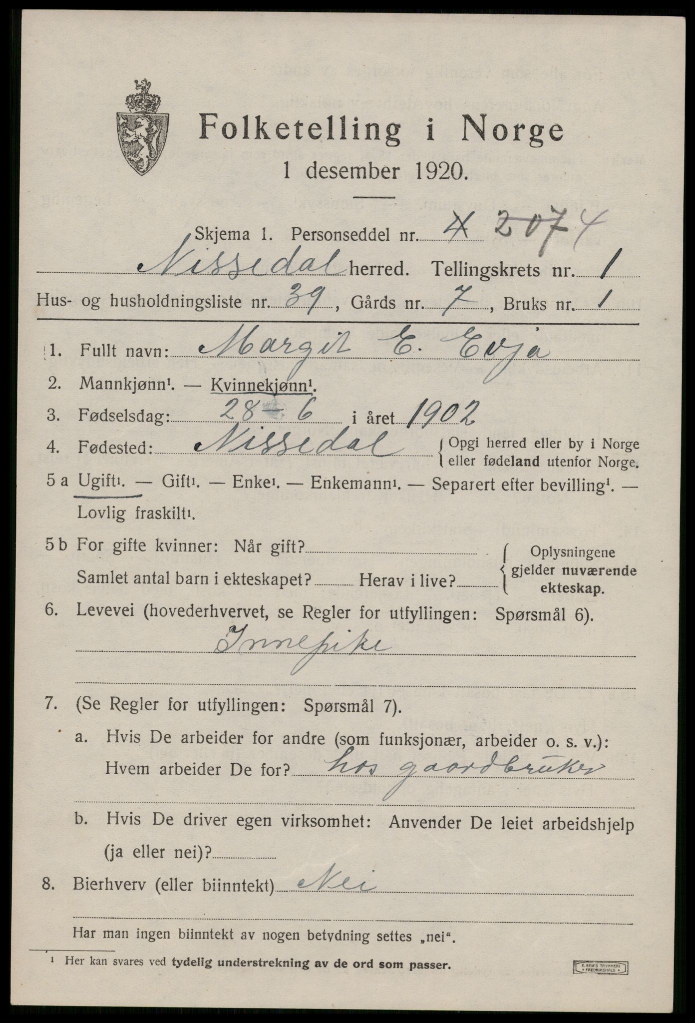 SAKO, Folketelling 1920 for 0830 Nissedal herred, 1920, s. 1247
