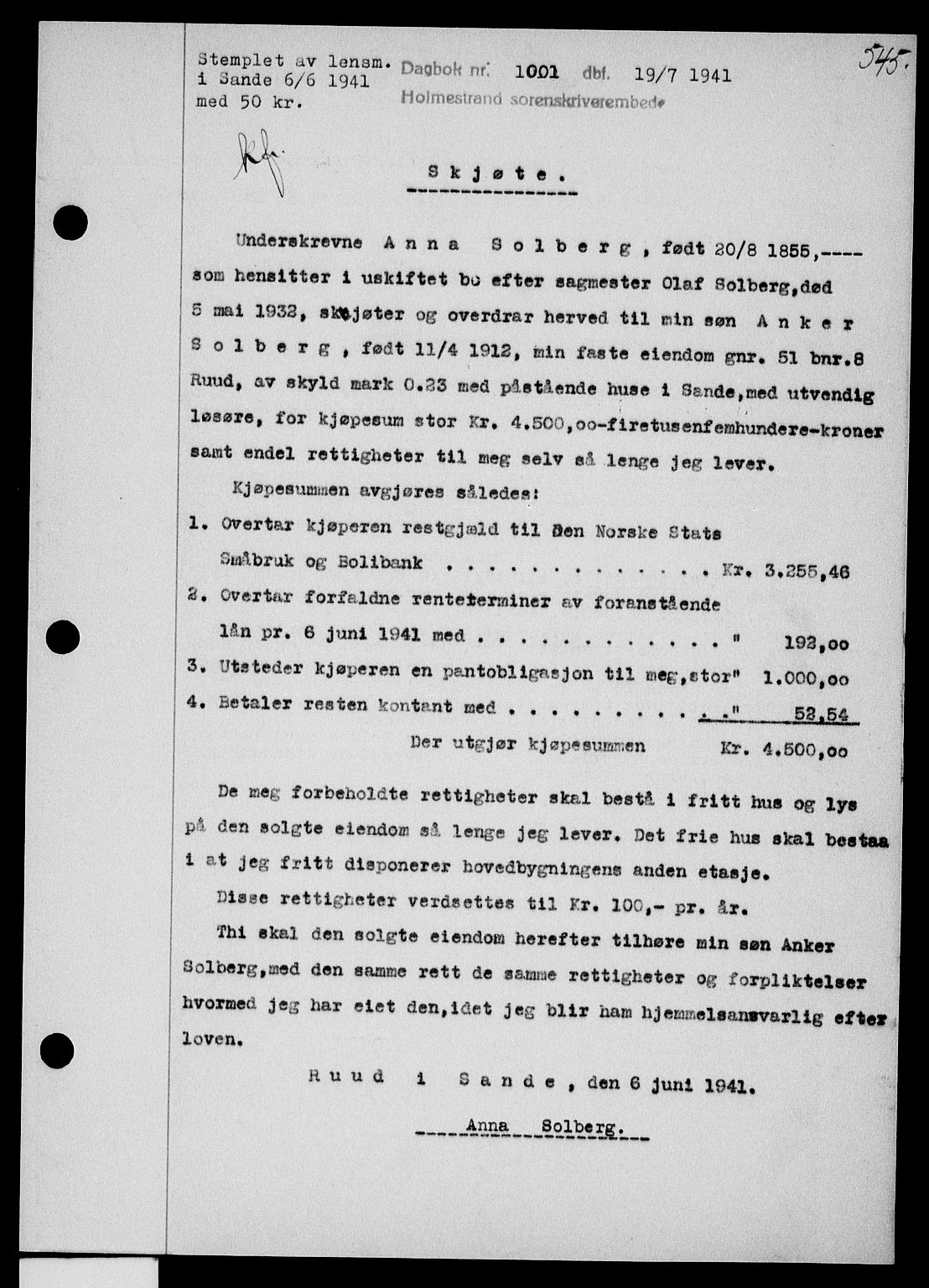 Holmestrand sorenskriveri, SAKO/A-67/G/Ga/Gaa/L0053: Pantebok nr. A-53, 1941-1941, Dagboknr: 1001/1941