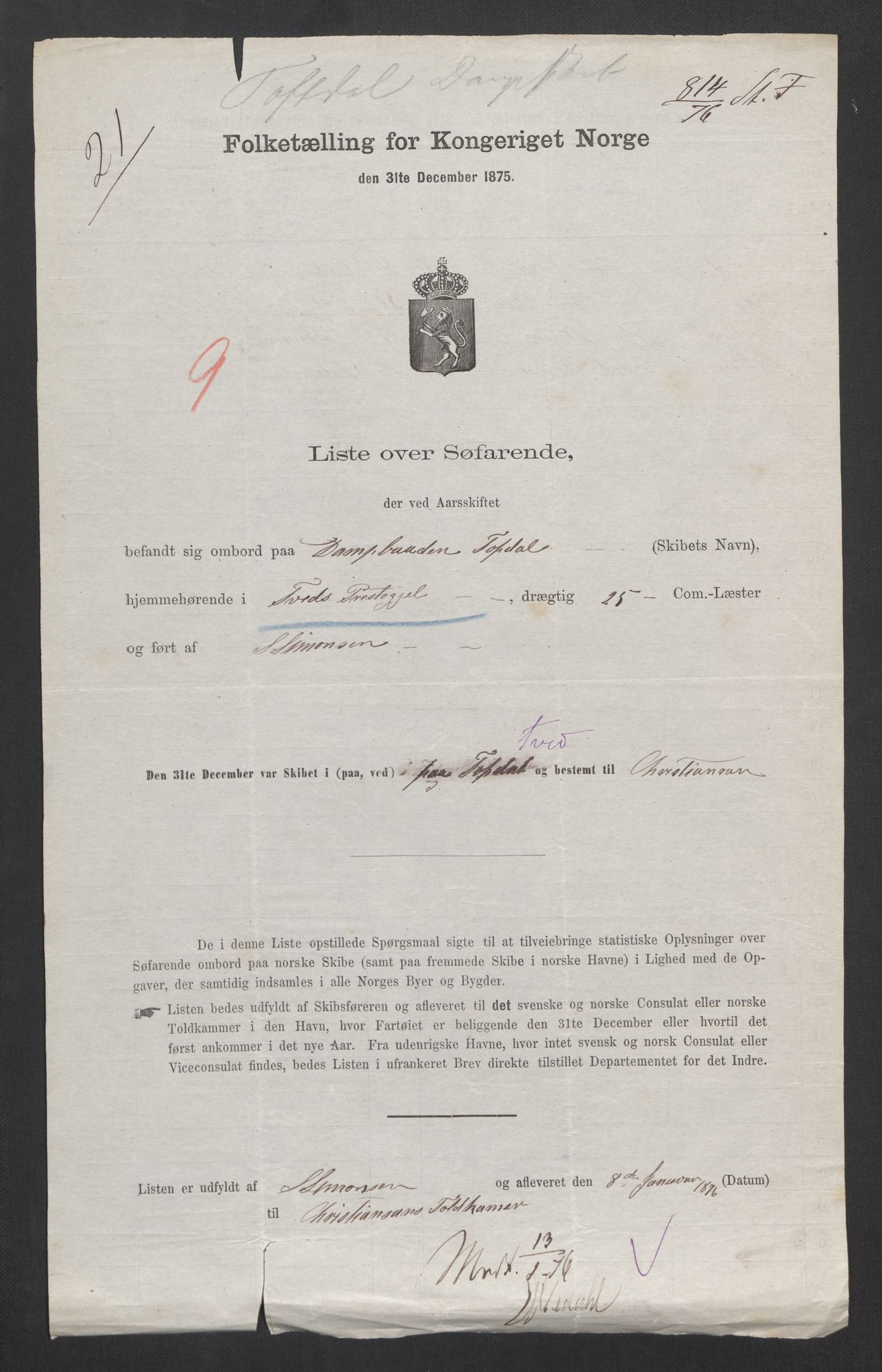 RA, Folketelling 1875, skipslister: Skip i innenrikske havner, hjemmehørende i 1) landdistrikter, 2) forskjellige steder, 3) utlandet, 1875, s. 42