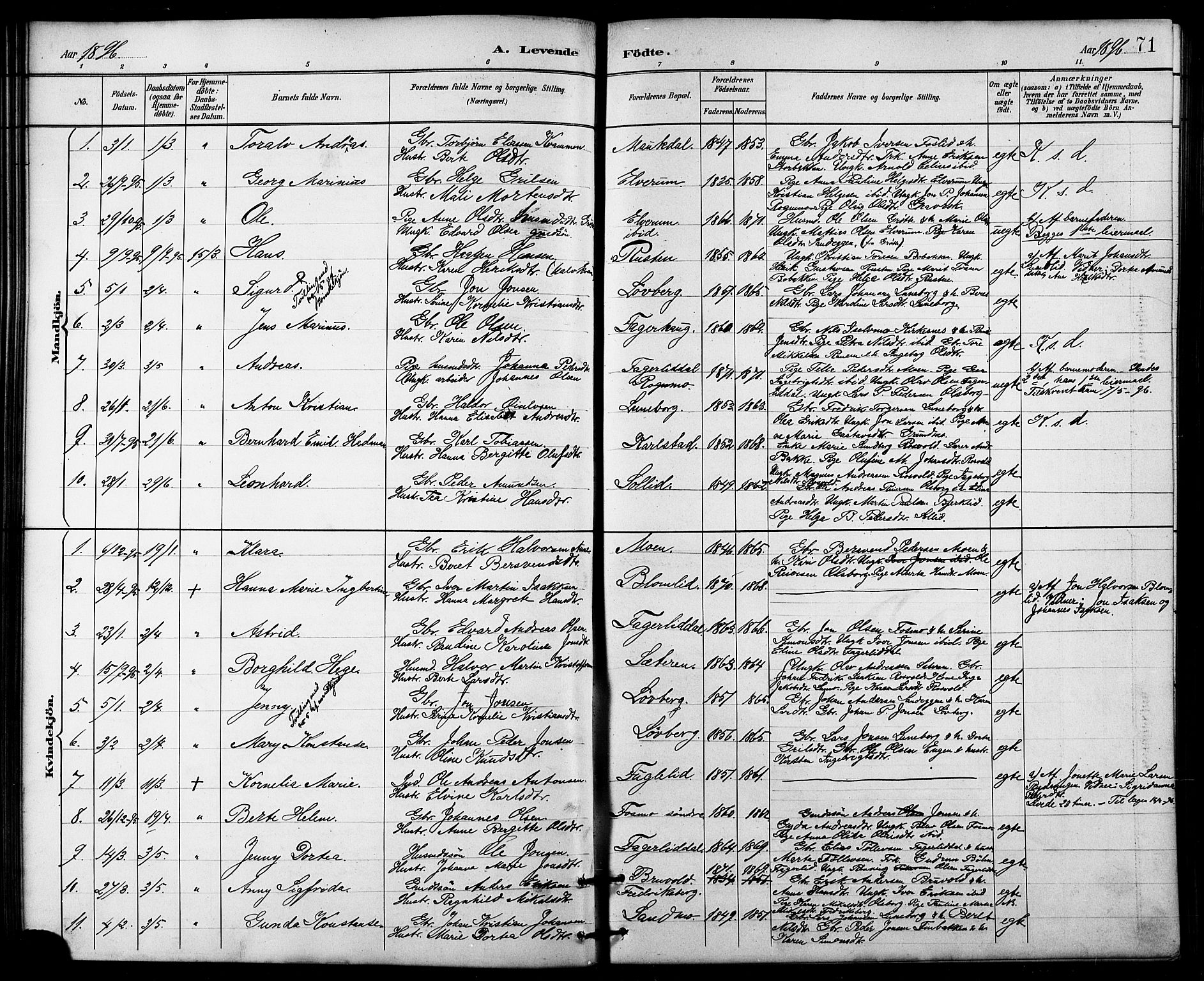 Målselv sokneprestembete, AV/SATØ-S-1311/G/Ga/Gab/L0004klokker: Klokkerbok nr. 4, 1885-1901, s. 71
