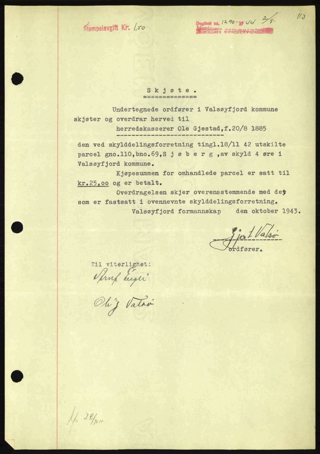 Nordmøre sorenskriveri, SAT/A-4132/1/2/2Ca: Pantebok nr. A98, 1944-1944, Dagboknr: 1290/1944