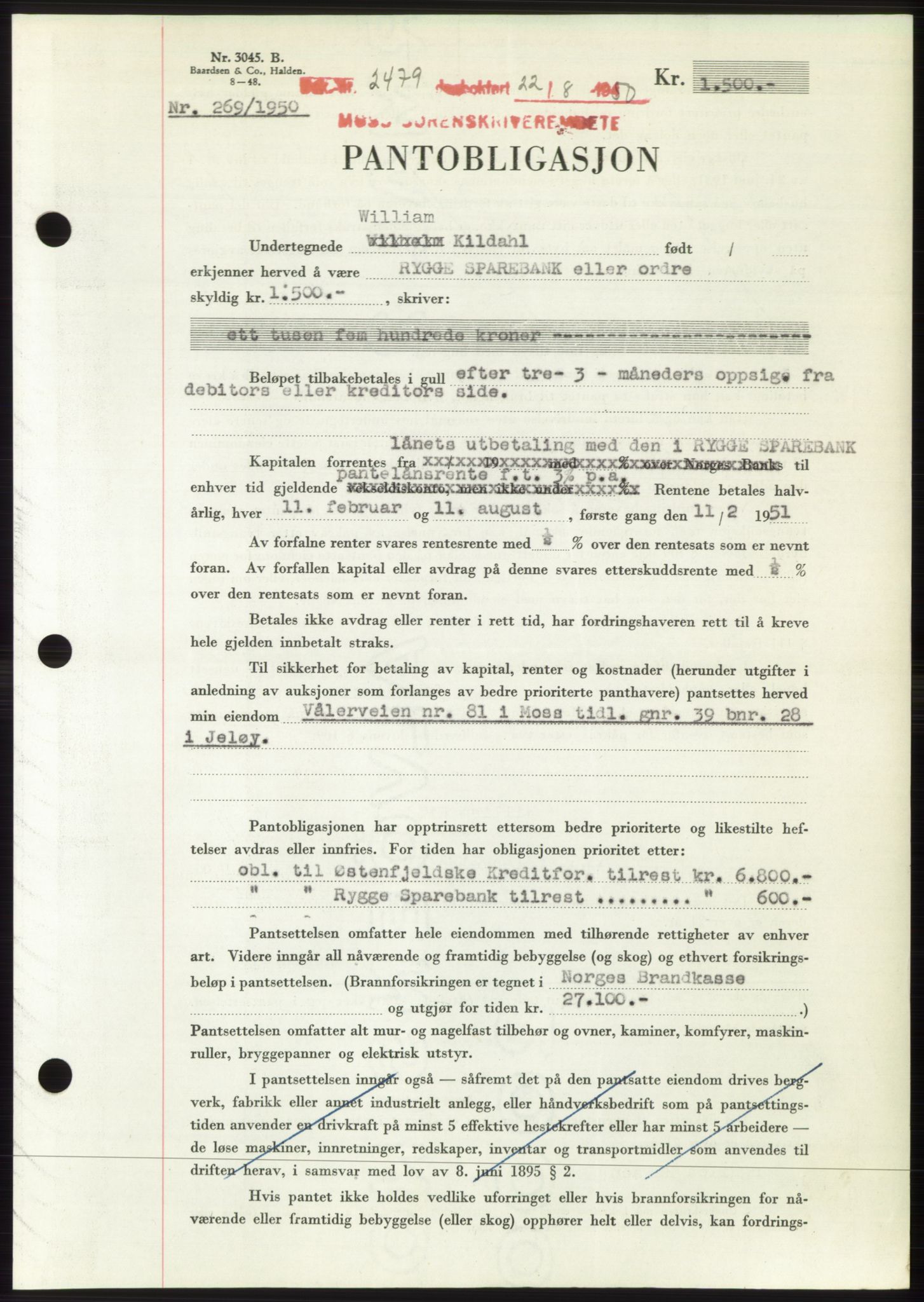 Moss sorenskriveri, SAO/A-10168: Pantebok nr. B25, 1950-1950, Dagboknr: 2479/1950