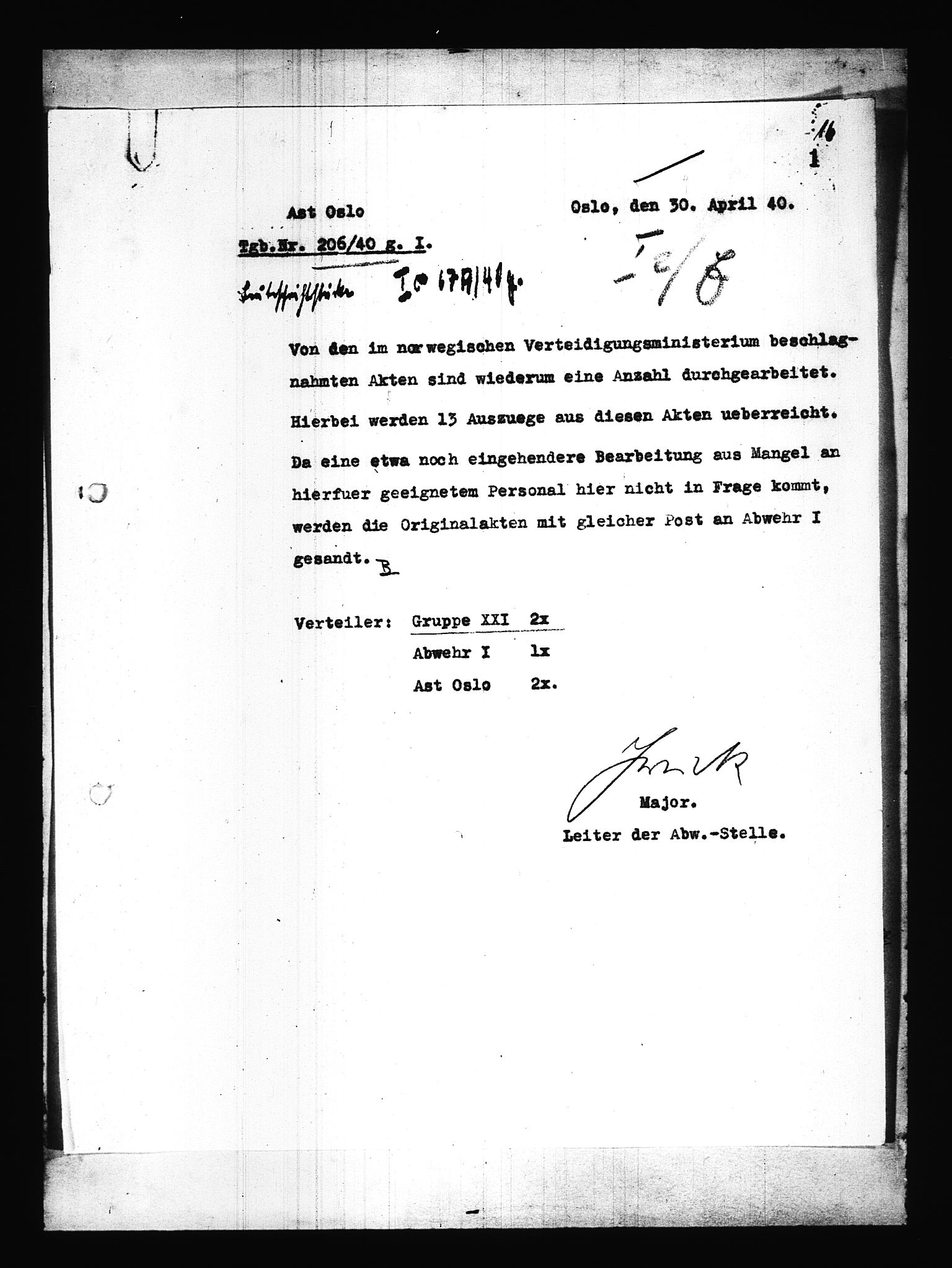 Documents Section, RA/RAFA-2200/V/L0085: Amerikansk mikrofilm "Captured German Documents".
Box No. 724.  FKA jnr. 615/1954., 1940-1941, s. 370