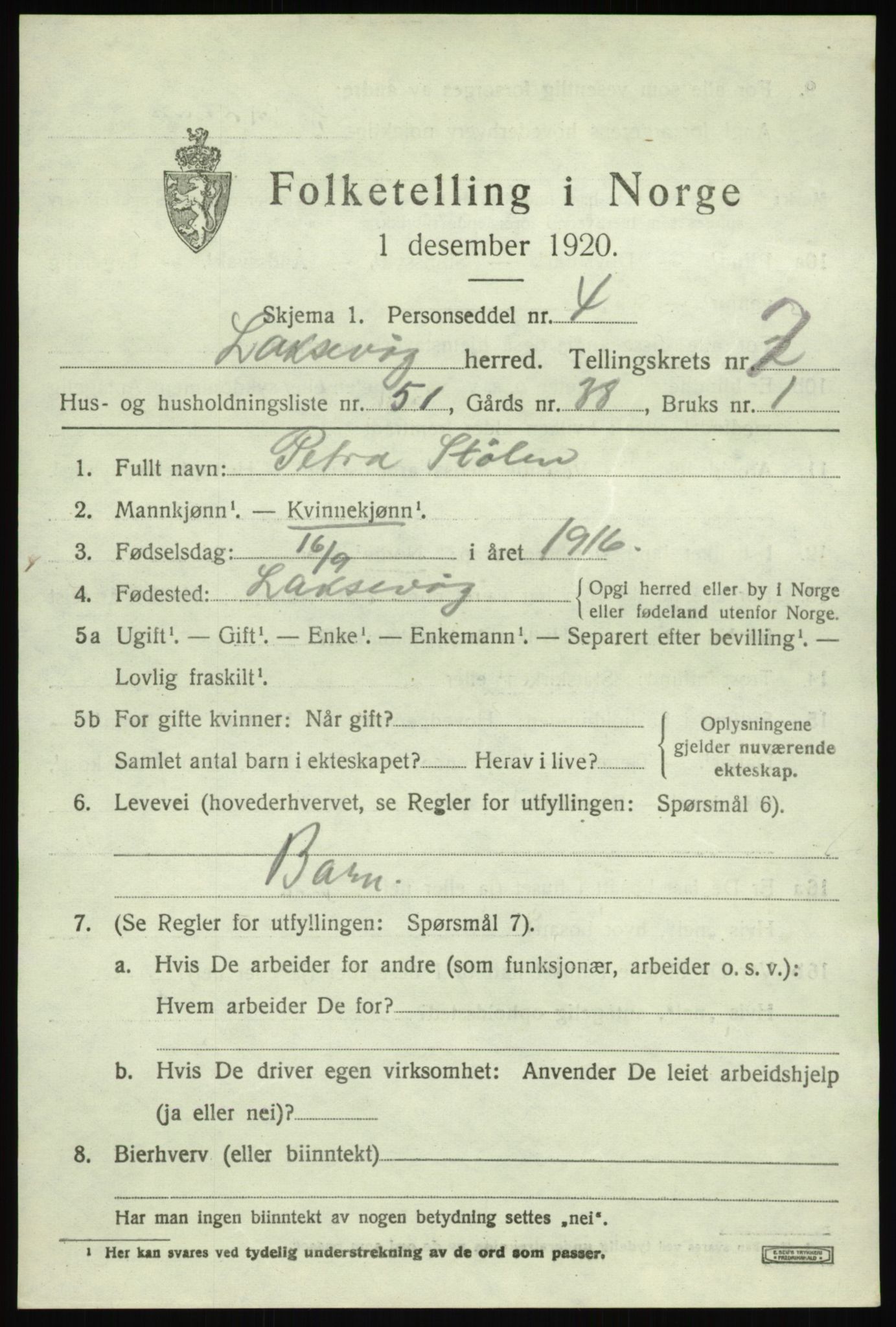 SAB, Folketelling 1920 for 1248 Laksevåg herred, 1920, s. 18436