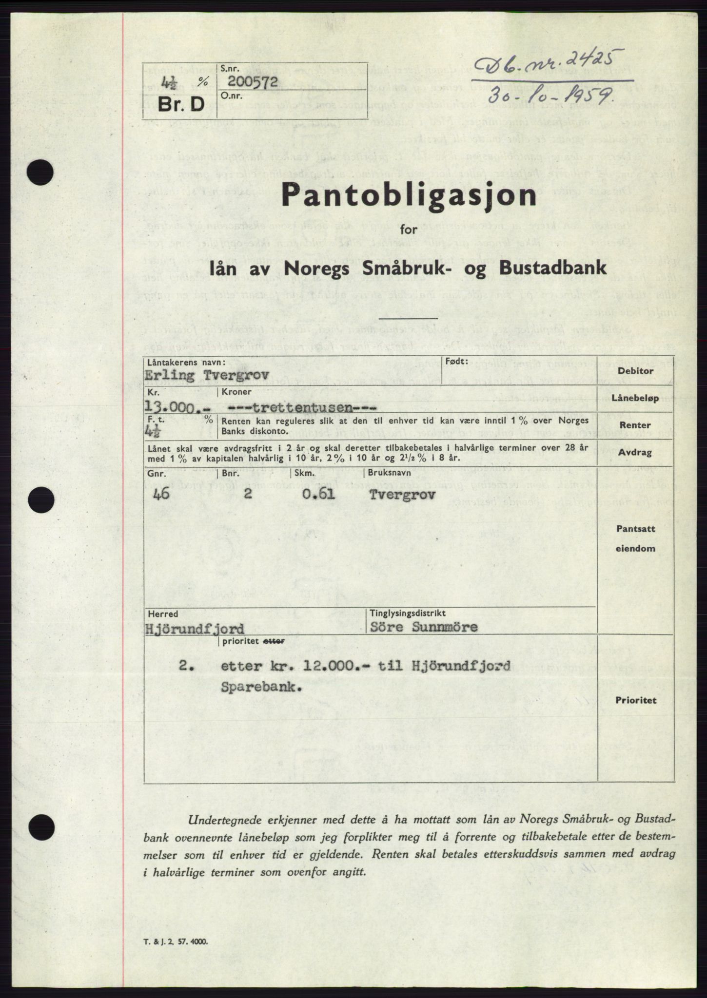 Søre Sunnmøre sorenskriveri, SAT/A-4122/1/2/2C/L0133: Pantebok nr. 21B, 1959-1959, Dagboknr: 2425/1959