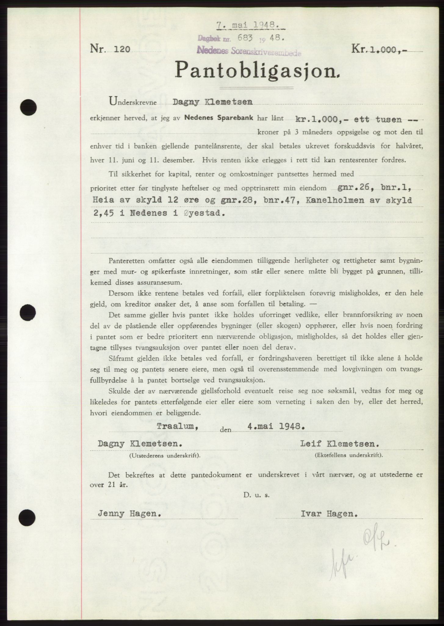 Nedenes sorenskriveri, AV/SAK-1221-0006/G/Gb/Gbb/L0005: Pantebok nr. B5, 1948-1948, Dagboknr: 683/1948