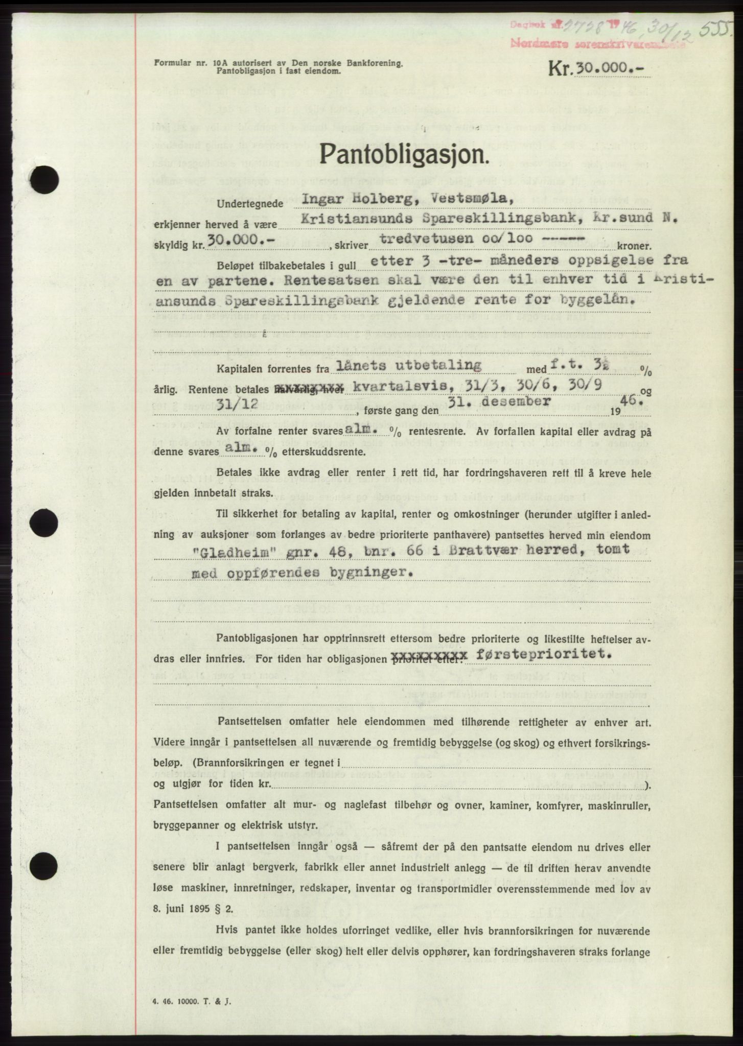 Nordmøre sorenskriveri, SAT/A-4132/1/2/2Ca: Pantebok nr. B95, 1946-1947, Dagboknr: 2728/1946