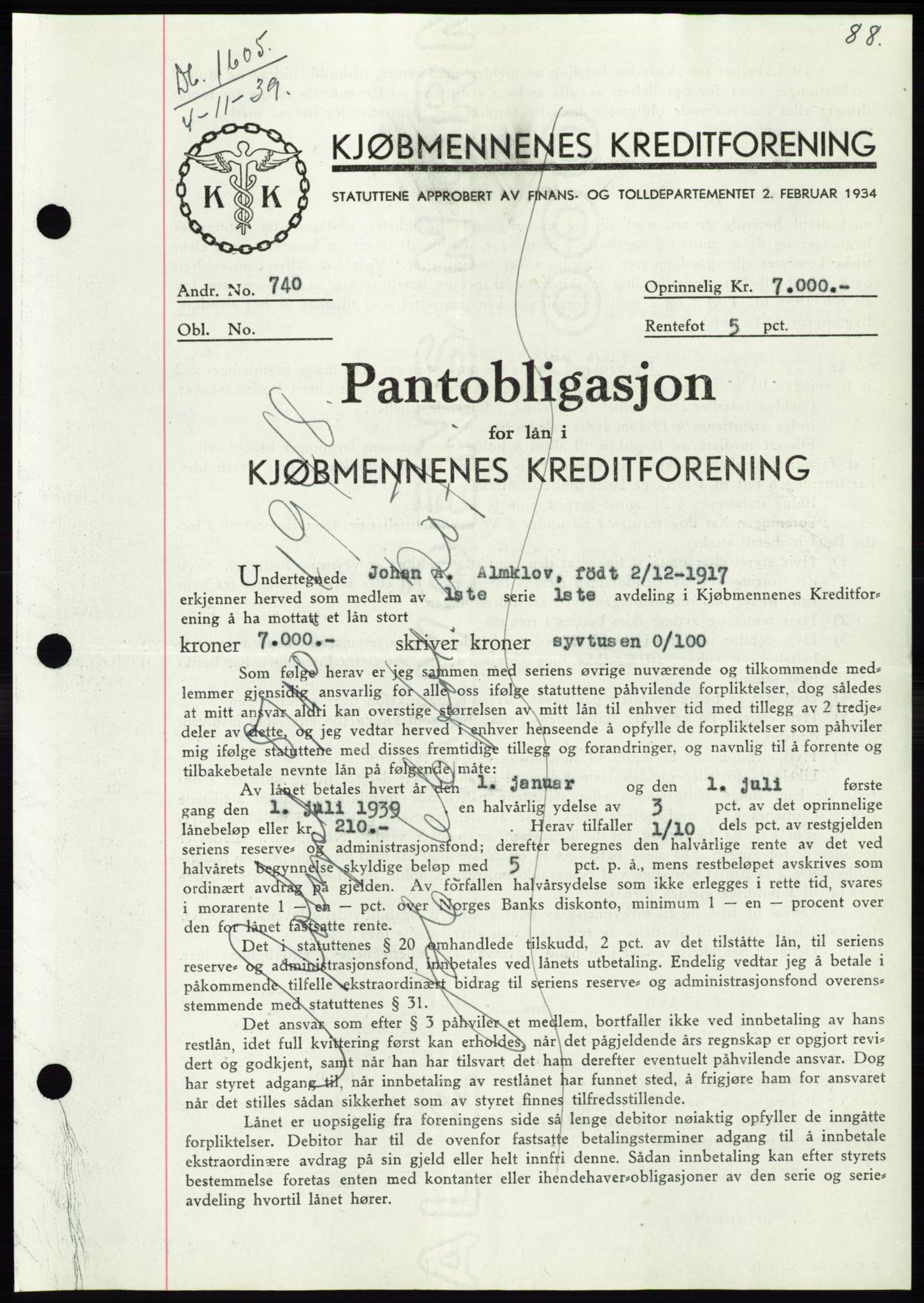 Søre Sunnmøre sorenskriveri, SAT/A-4122/1/2/2C/L0069: Pantebok nr. 63, 1939-1940, Dagboknr: 1605/1939