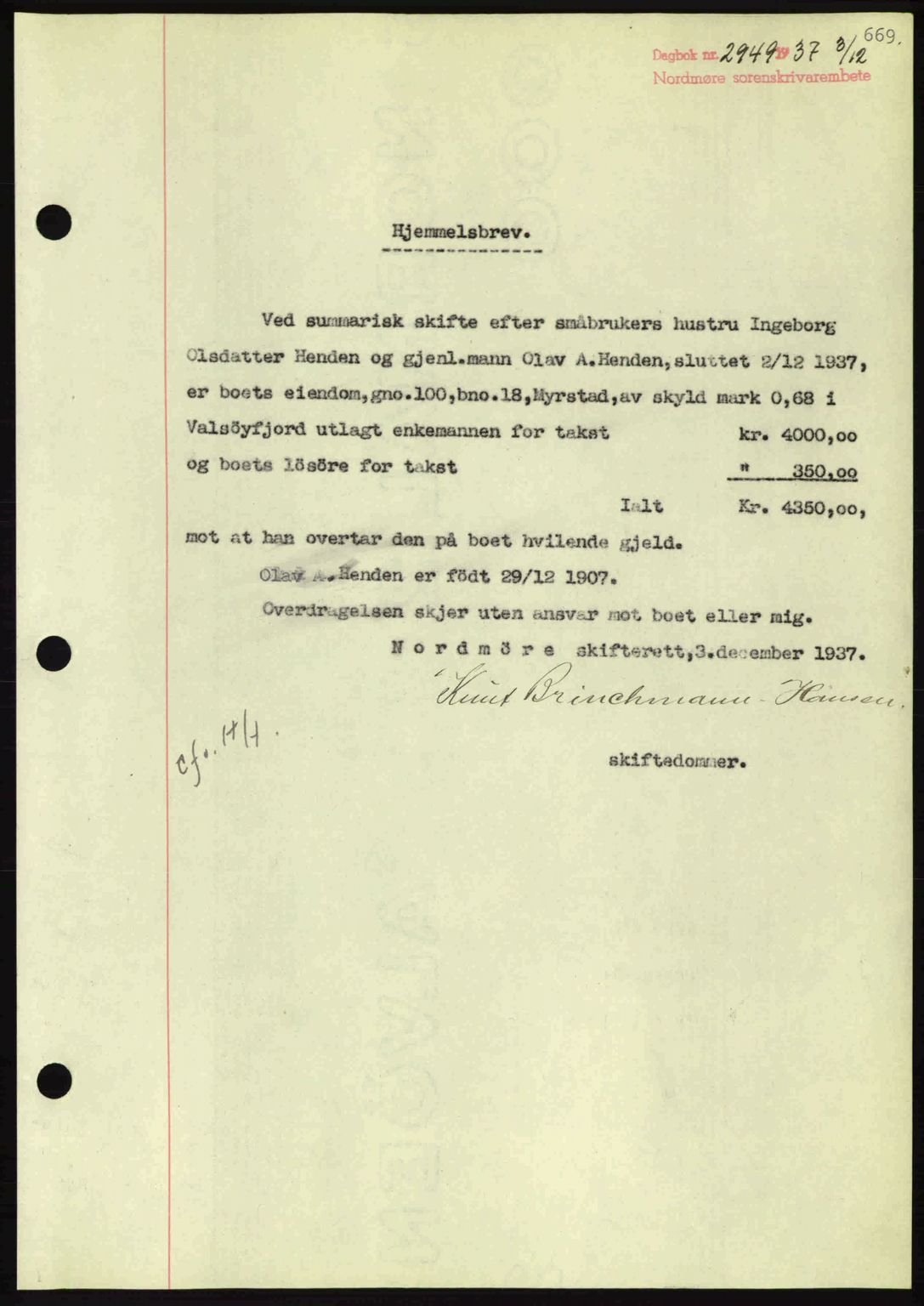 Nordmøre sorenskriveri, SAT/A-4132/1/2/2Ca: Pantebok nr. A82, 1937-1938, Dagboknr: 2949/1937