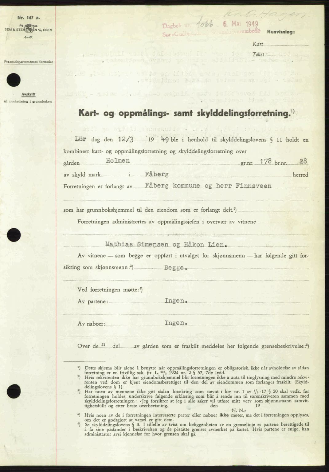 Sør-Gudbrandsdal tingrett, SAH/TING-004/H/Hb/Hbd/L0025: Pantebok nr. A25, 1949-1949, Dagboknr: 1066/1949