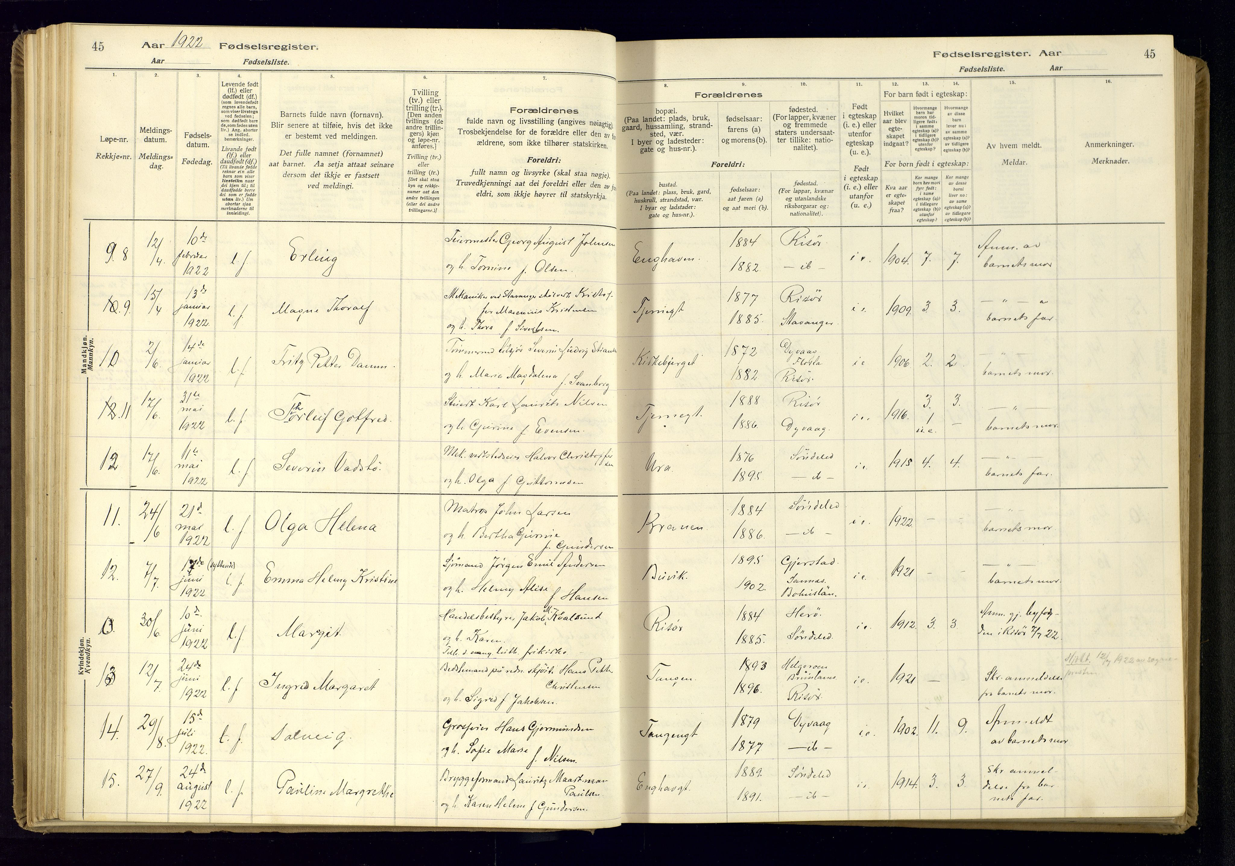 Risør sokneprestkontor, AV/SAK-1111-0035/J/Ja/L0001: Fødselsregister nr. A-VI-13, 1916-1947, s. 45