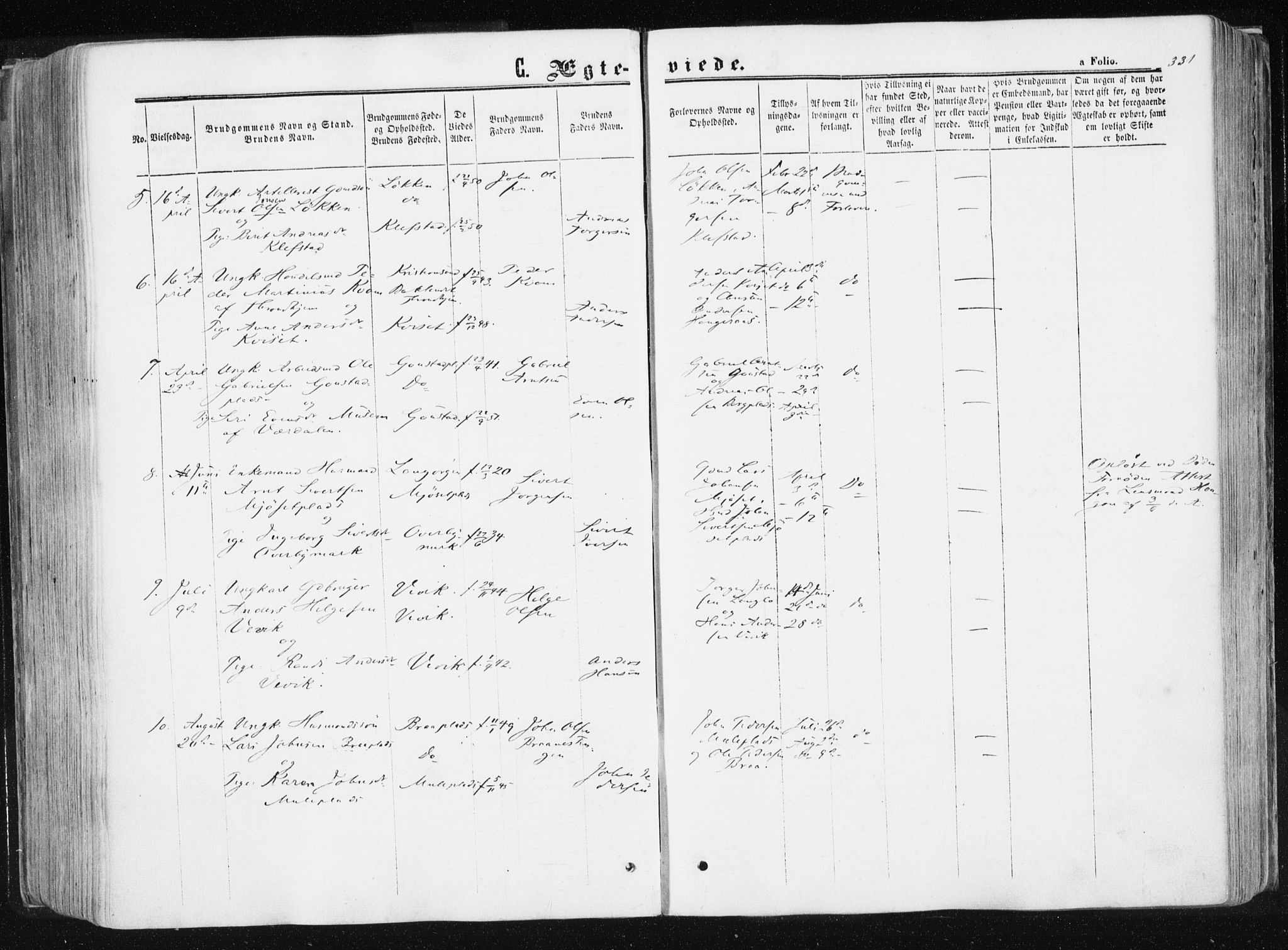 Ministerialprotokoller, klokkerbøker og fødselsregistre - Sør-Trøndelag, SAT/A-1456/612/L0377: Ministerialbok nr. 612A09, 1859-1877, s. 331
