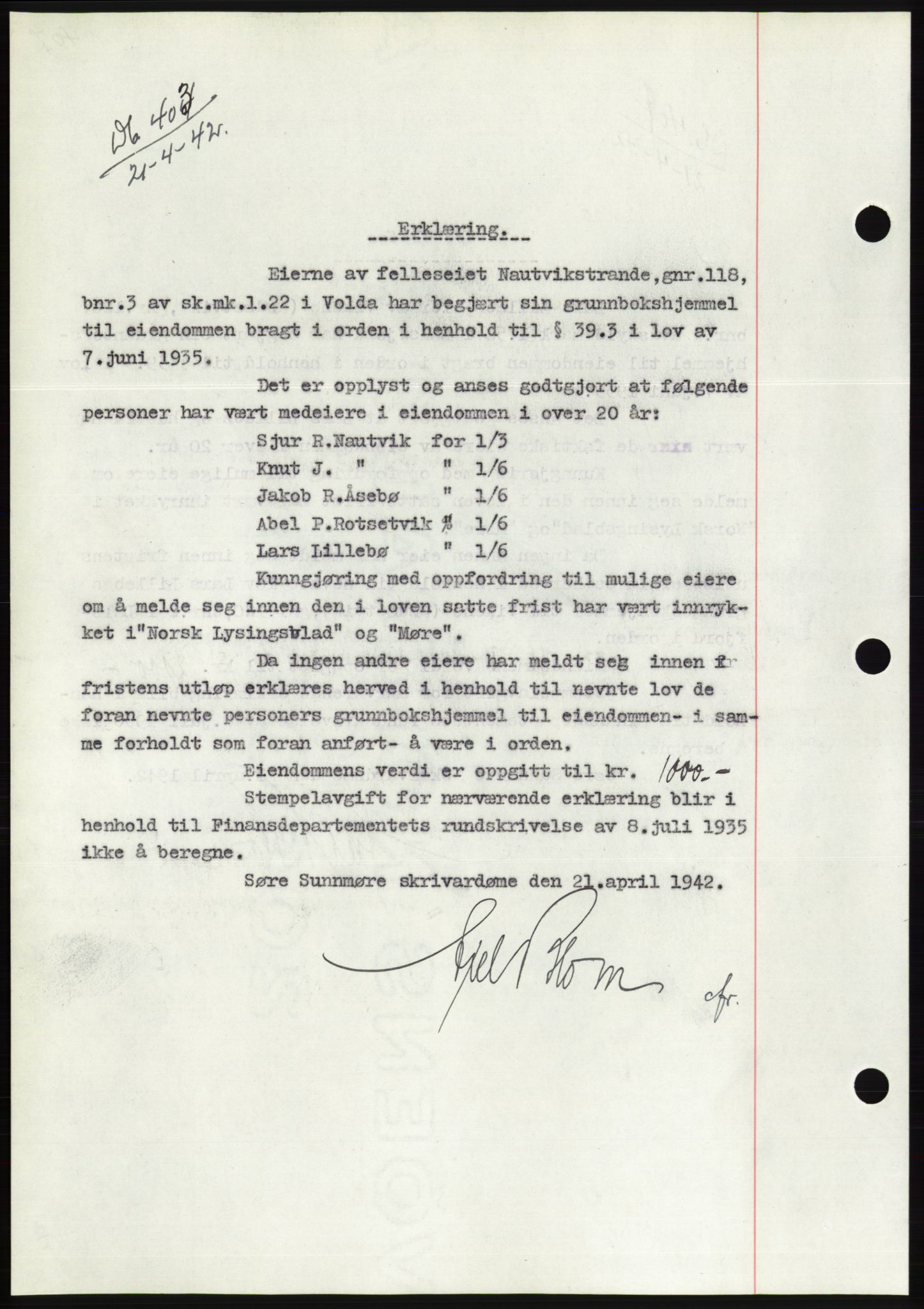 Søre Sunnmøre sorenskriveri, SAT/A-4122/1/2/2C/L0073: Pantebok nr. 67, 1941-1942, Dagboknr: 403/1942