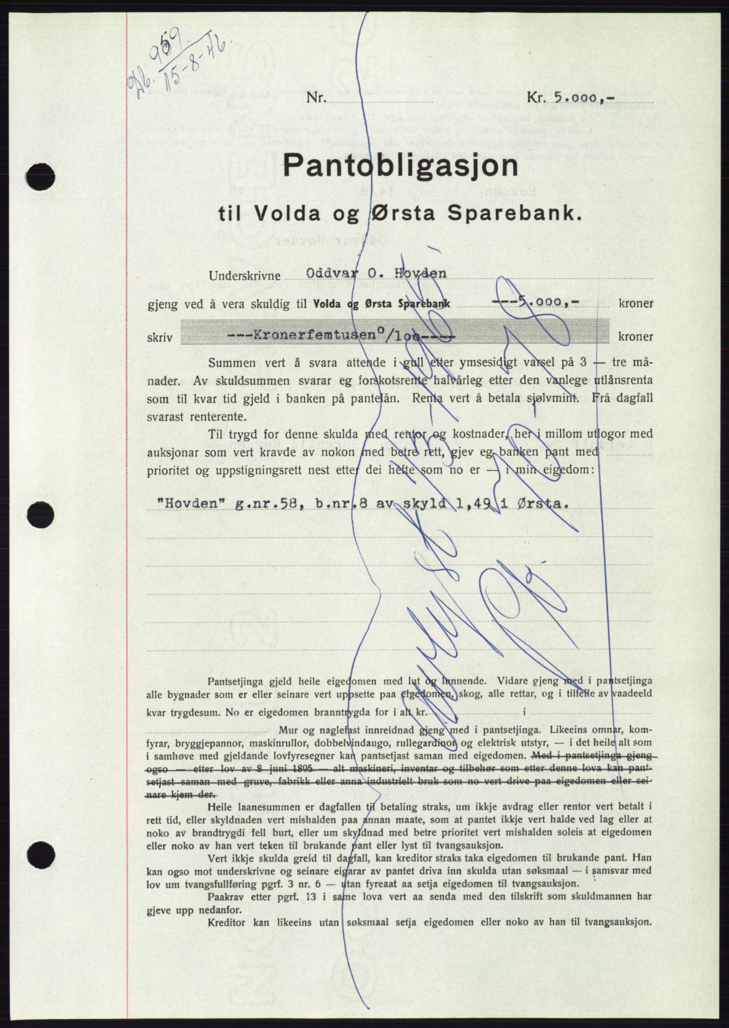 Søre Sunnmøre sorenskriveri, AV/SAT-A-4122/1/2/2C/L0114: Pantebok nr. 1-2B, 1943-1947, Dagboknr: 959/1946