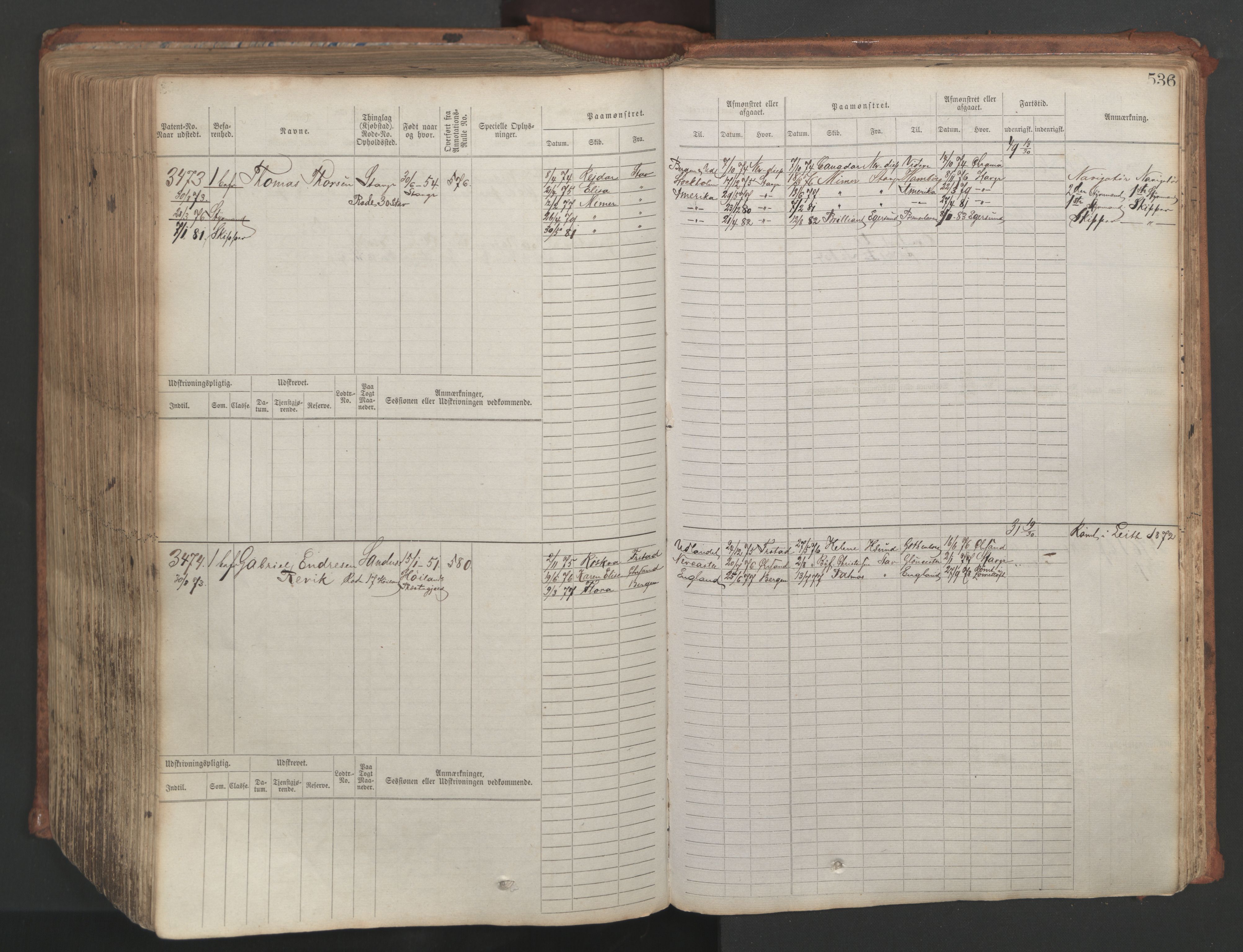 Stavanger sjømannskontor, AV/SAST-A-102006/F/Fb/Fbb/L0007: Sjøfartshovedrulle, patentnr. 2403-3604, 1869-1880, s. 593