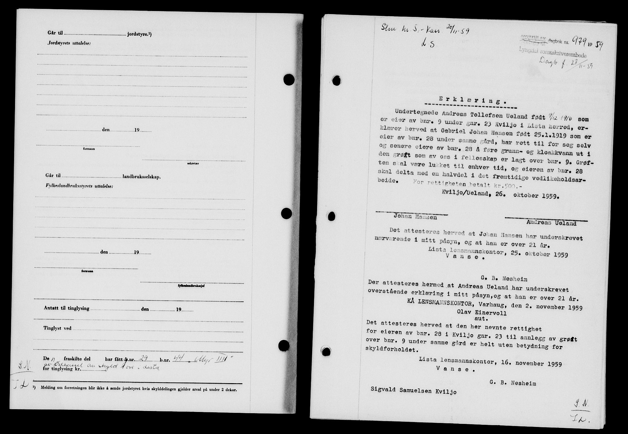 Lyngdal sorenskriveri, AV/SAK-1221-0004/G/Gb/L0679: Pantebok nr. A XXV, 1959-1960, Dagboknr: 979/1959