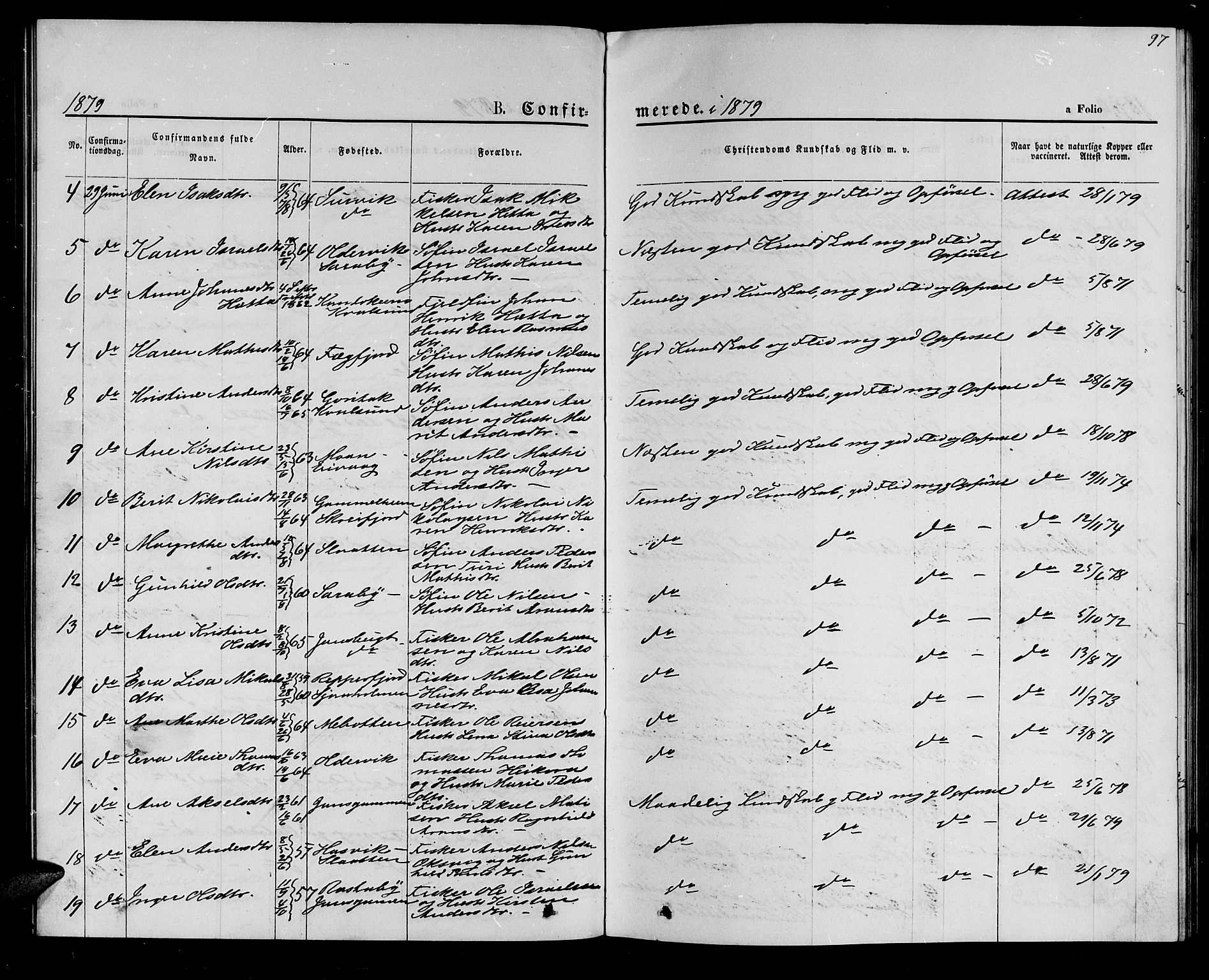 Hammerfest sokneprestkontor, AV/SATØ-S-1347/H/Hb/L0005.klokk: Klokkerbok nr. 5, 1869-1884, s. 97